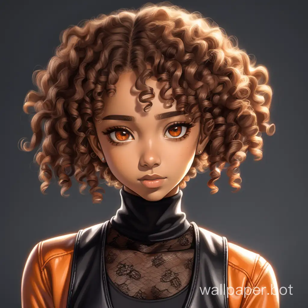 Character - A pretty mulatto anime girl with light brown eyes. Curls. Front view from head to waist. The head is tilted down. Thin, slender. She is wearing a black lace turtleneck. an orange leather vest is worn over a turtleneck. Dynamic natural pose. High quality and high detail. Clarity, shine, radiance. 4K
