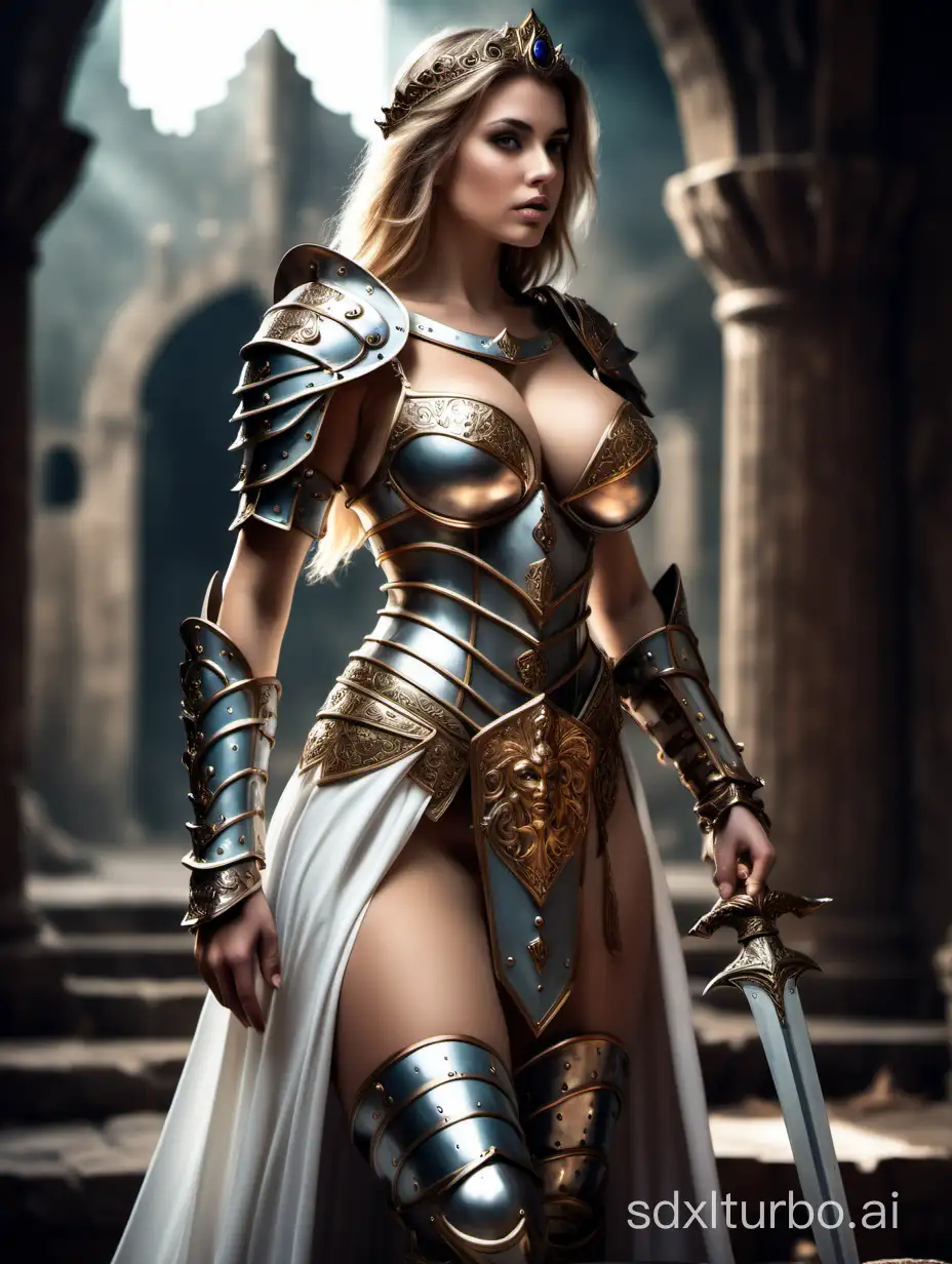 a beautiful, busty warrior princess in revealing armour before sitting in front of her king in majestic robes