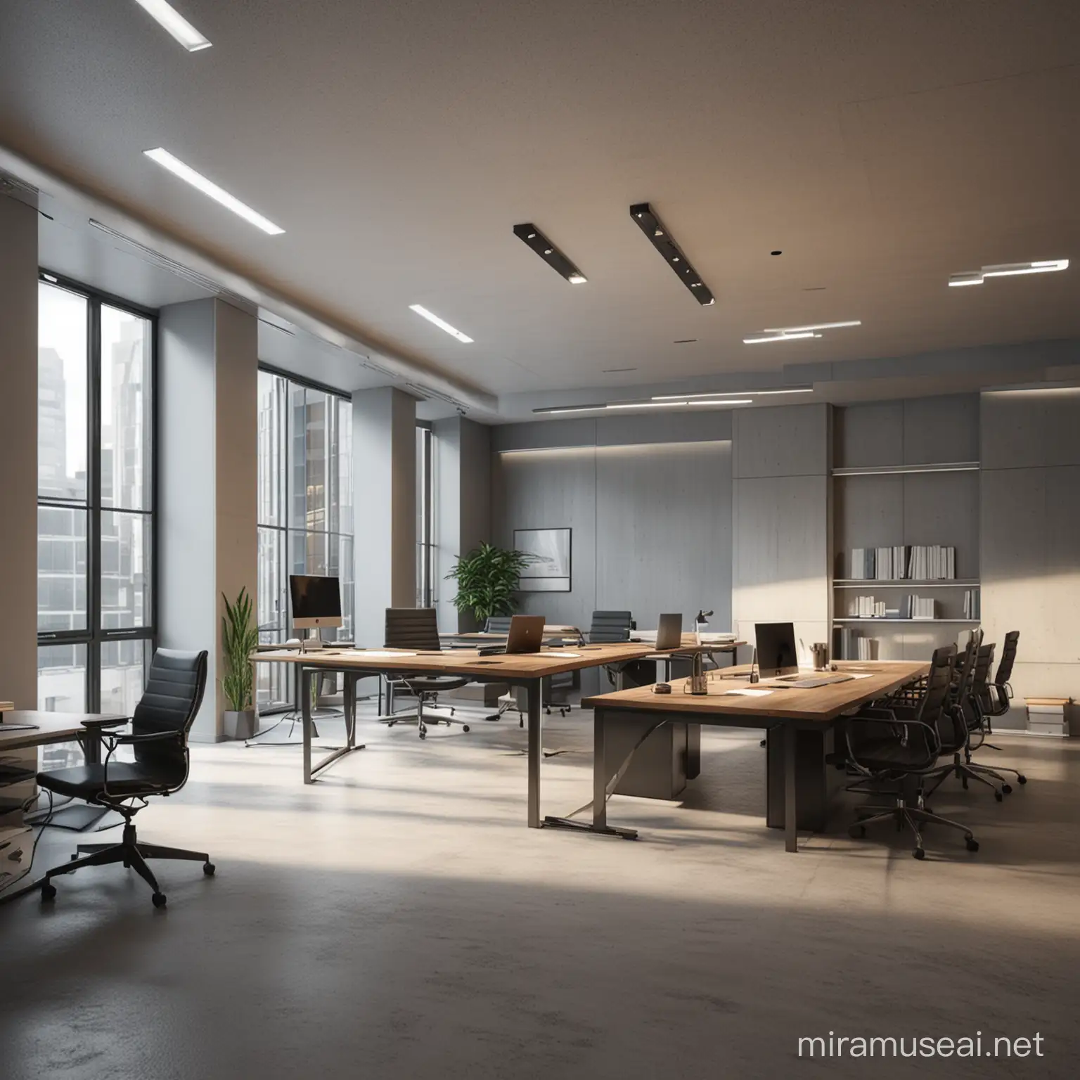 3D photo realistic render of a corporate office space  in angles with high quality lighting, shading, and textures. 4k quality and no deforming.