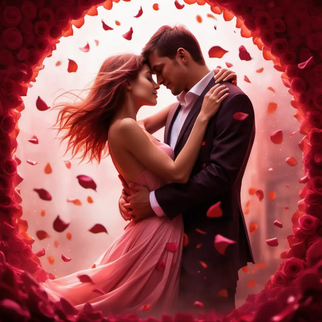 Ein Liebespaar, das sich umarmt. Fantasiehintergrund mit den Farbtönen rosa, orange, pink, rot. Rote Rosenblätter wehen um das Paar herum.