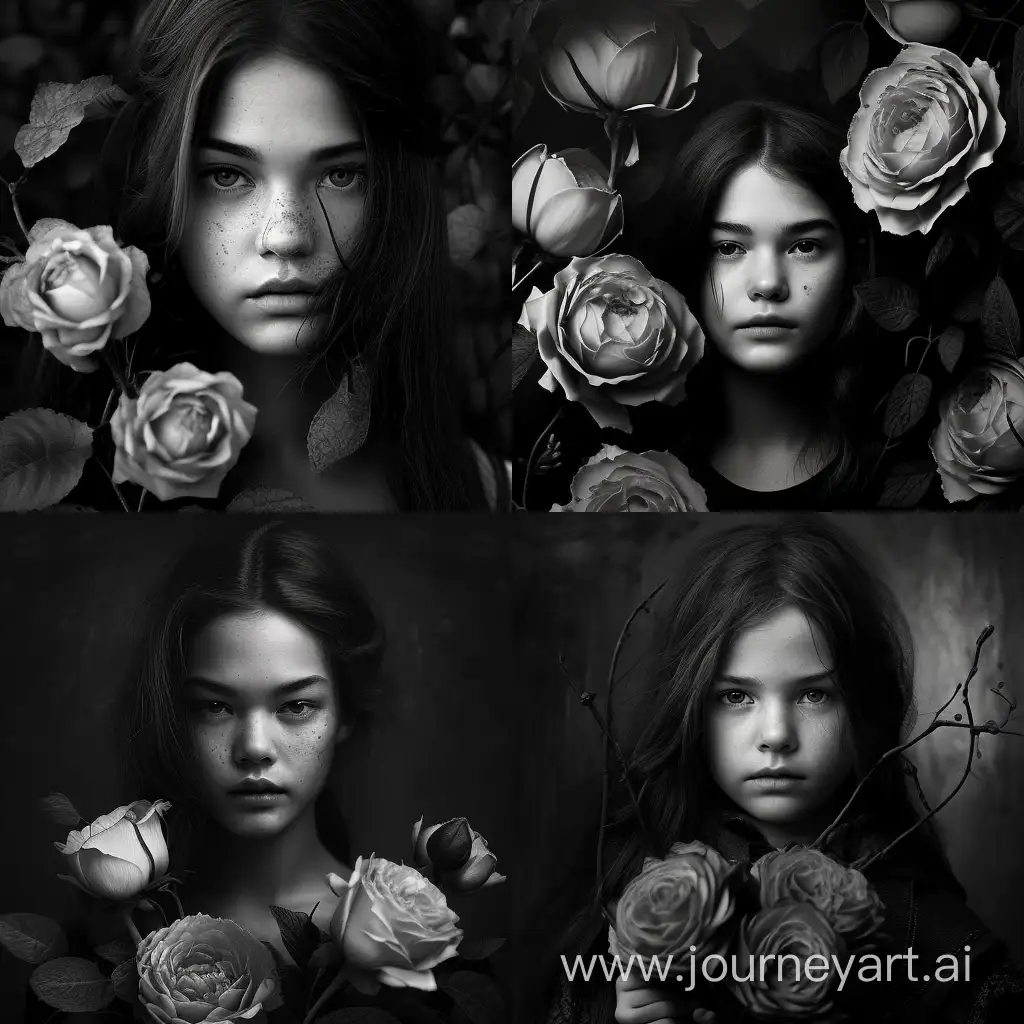 girl with roses black and white photo