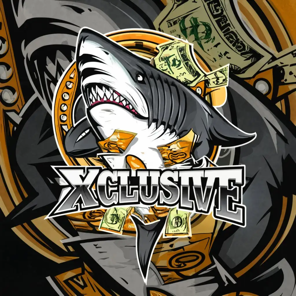 a logo design, with the text 'Xclusive Bets', main symbol: I need a hungry shark with money, complex, be used in Sports Fitness industry, clear background with gold, red, black and grey