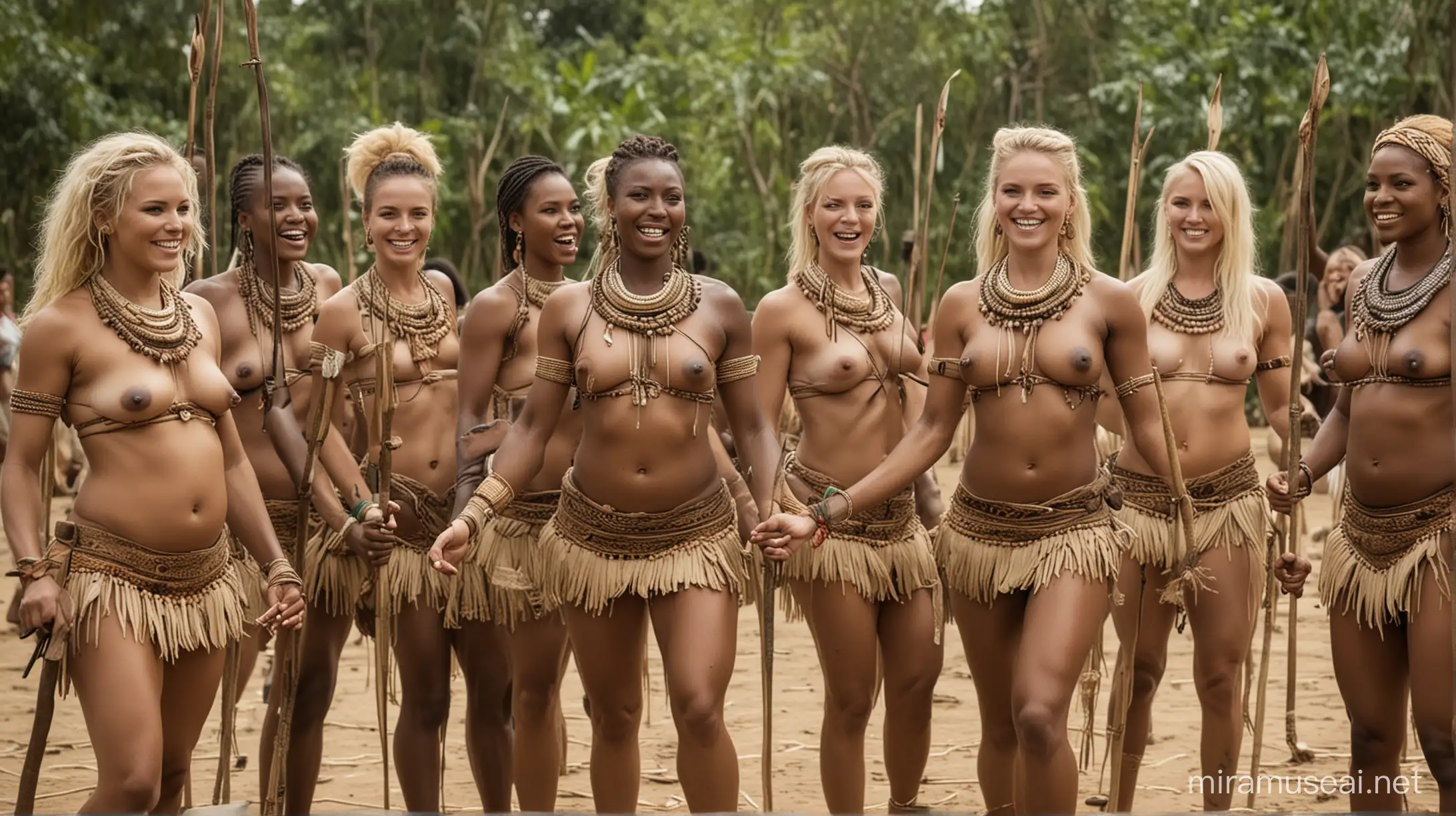 Hot African women with stuffed belly, and hot blonde Amazon women participating in a tribe ritual, they have spears and are smiling 
