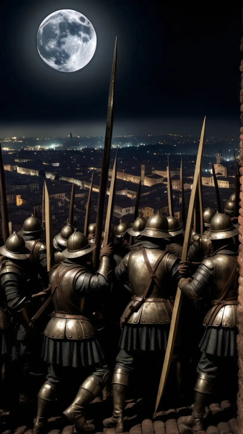 In 1325, the Italian cities of Modena and Bologna fought over the bucket. Close up of the soldiers and the city is dark with the moon around.