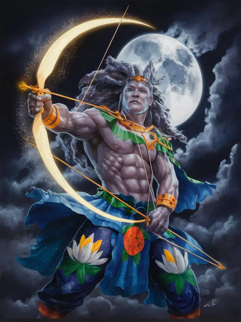 powerful masculine lunar god divinity, bulky hypermuscular semi-translucent skin, southamerican brazilian indigenous imagery, waterlily clothing fashion motif, warrior glowing crescent longbow, giant full moon in background, majestic character painting