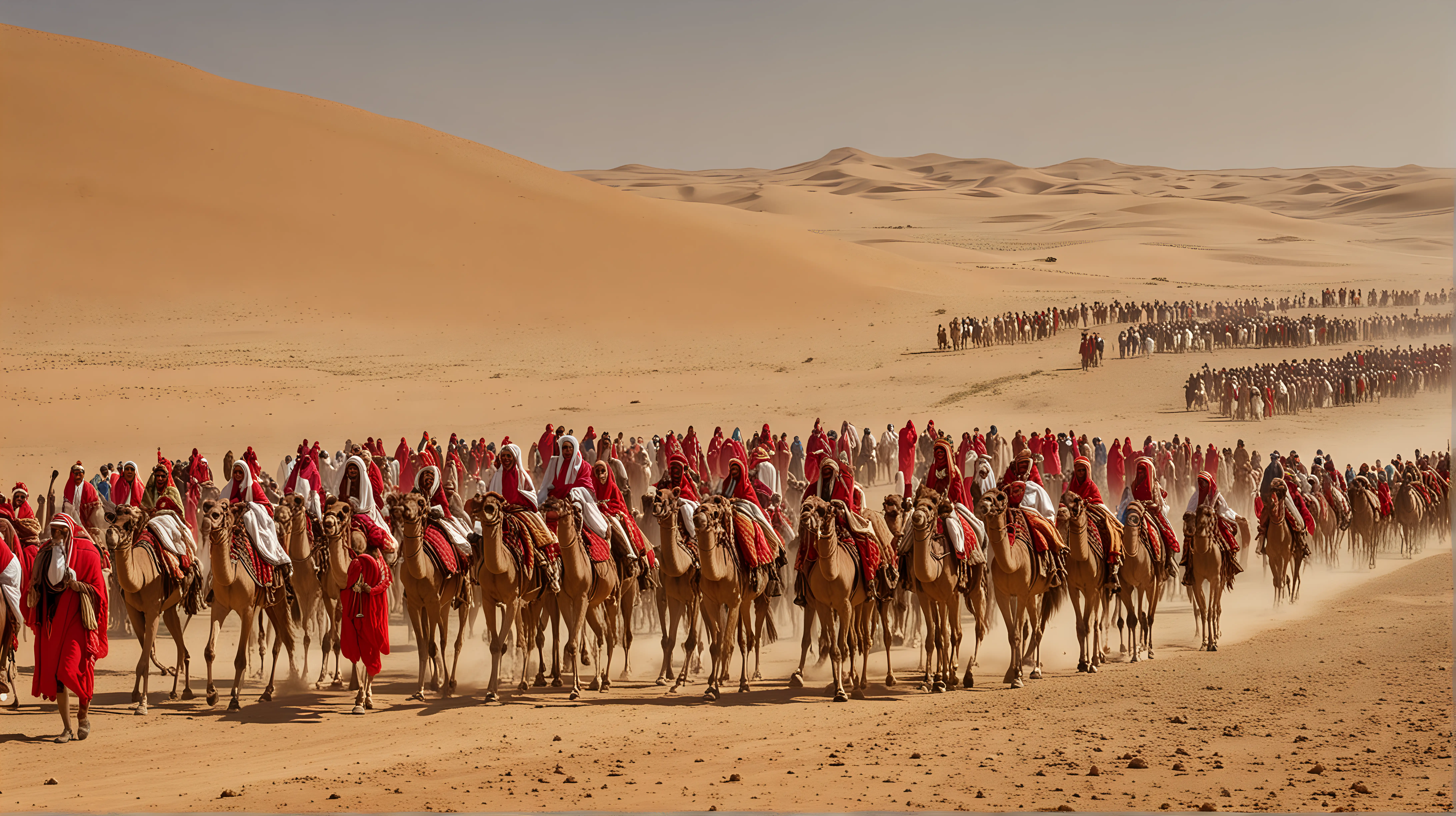 Queen of Sheba caravan on the way to meet king Salomon, crossing the desert, servants and soldiers, richly dressed in iron and silk, camels and horses, richly adorned, carring tents and gifts, midday sun, strong light, lots of red