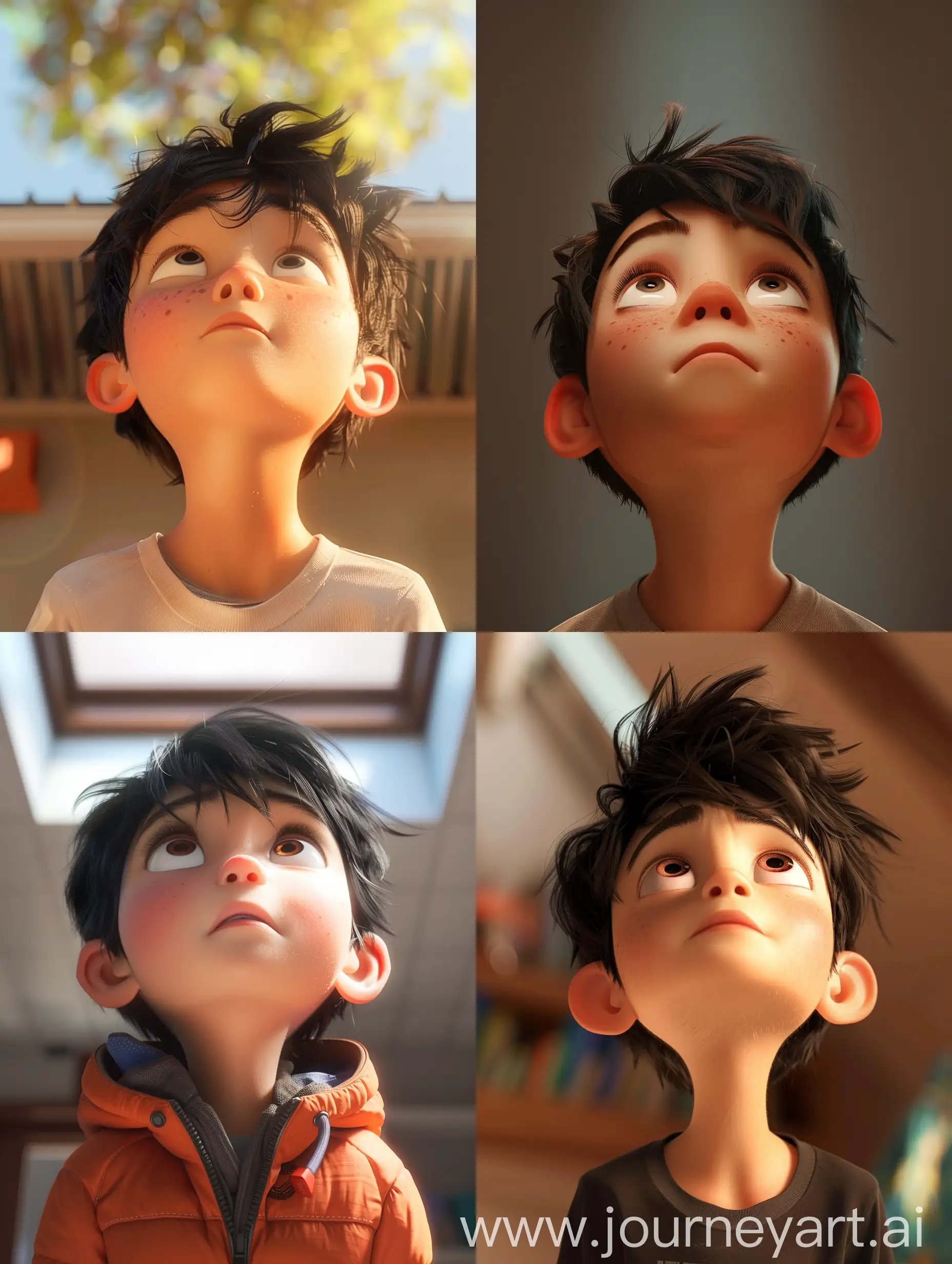 A shot of the boy character looking upwards with a determined expression, their eyes squinting slightly with focus as they envision their goals.