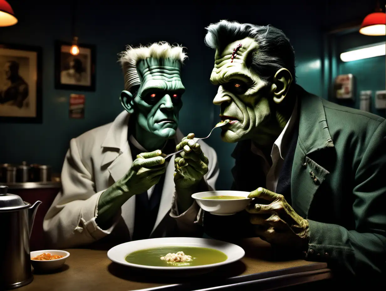 Frankenstein Dining in a Downtown Diner Realism Art by Frazetta and Leibovitz