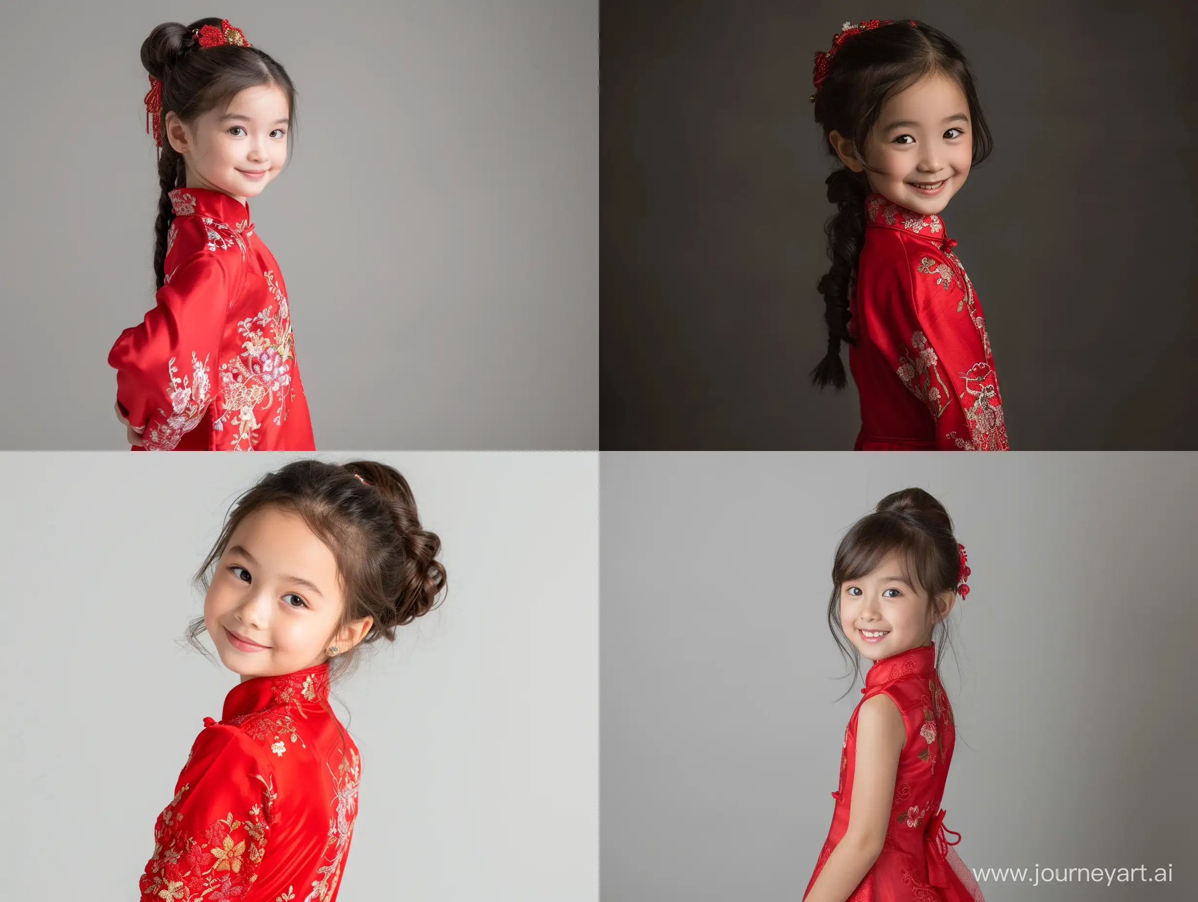 A full-length view of a young girl in a red QiPao casting a smiling glance over her shoulder.