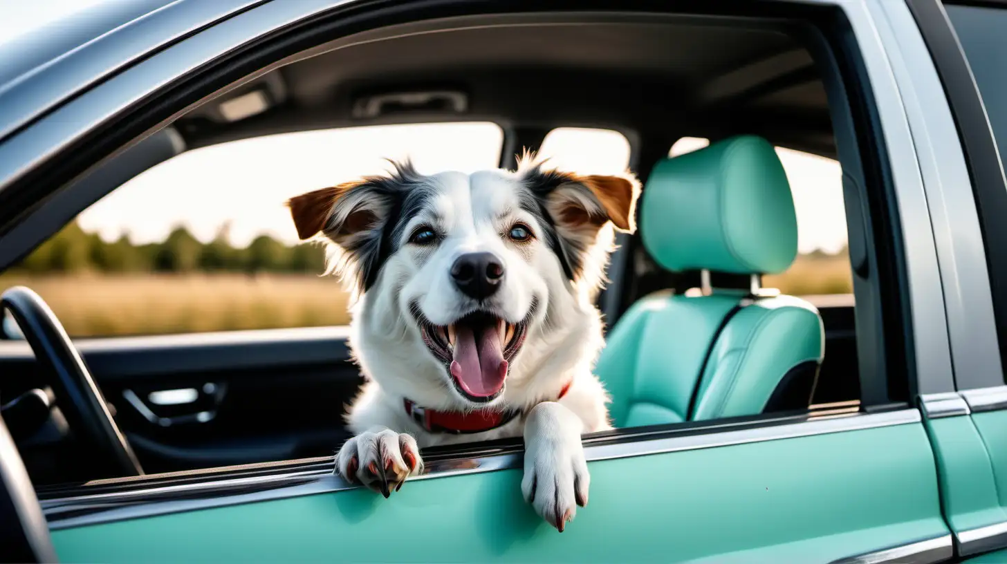 Cheerful Canine Enjoying Car Ride in Sky Blue Surroundings