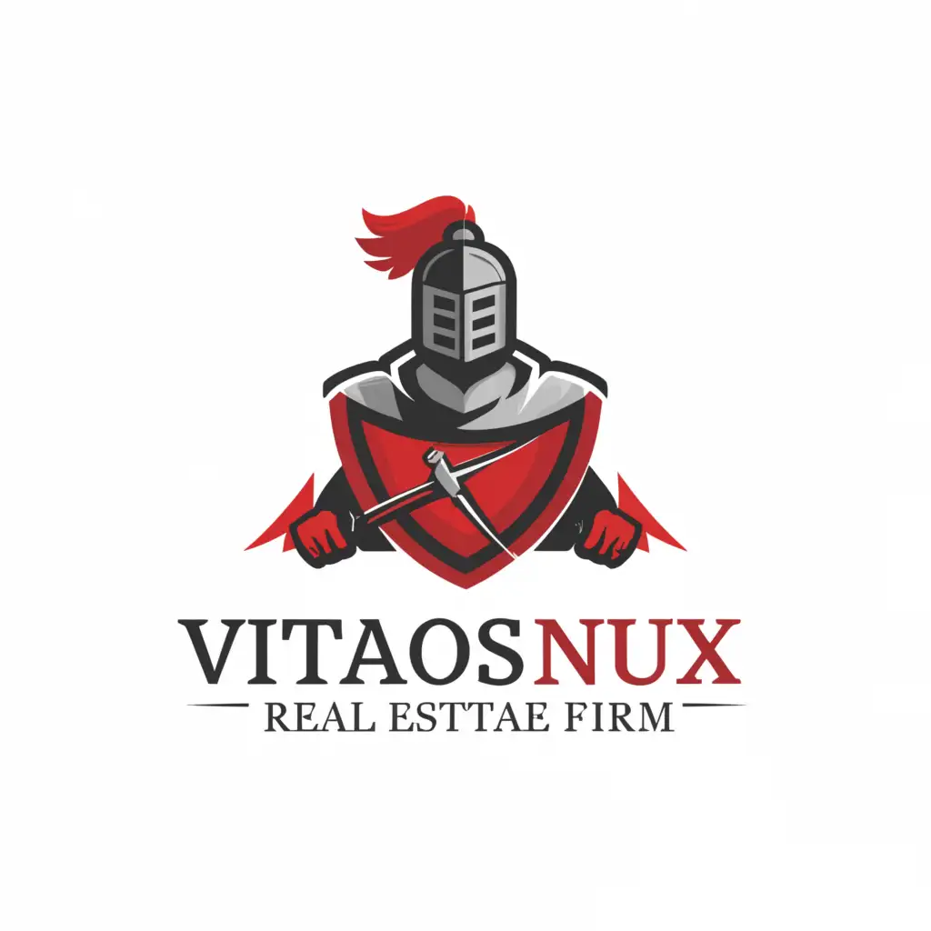 a logo design,with the text "Vitalos Nux: Noblesse", main symbol:A Knight holding a red shield,Moderate,be used in Real Estate industry,clear background