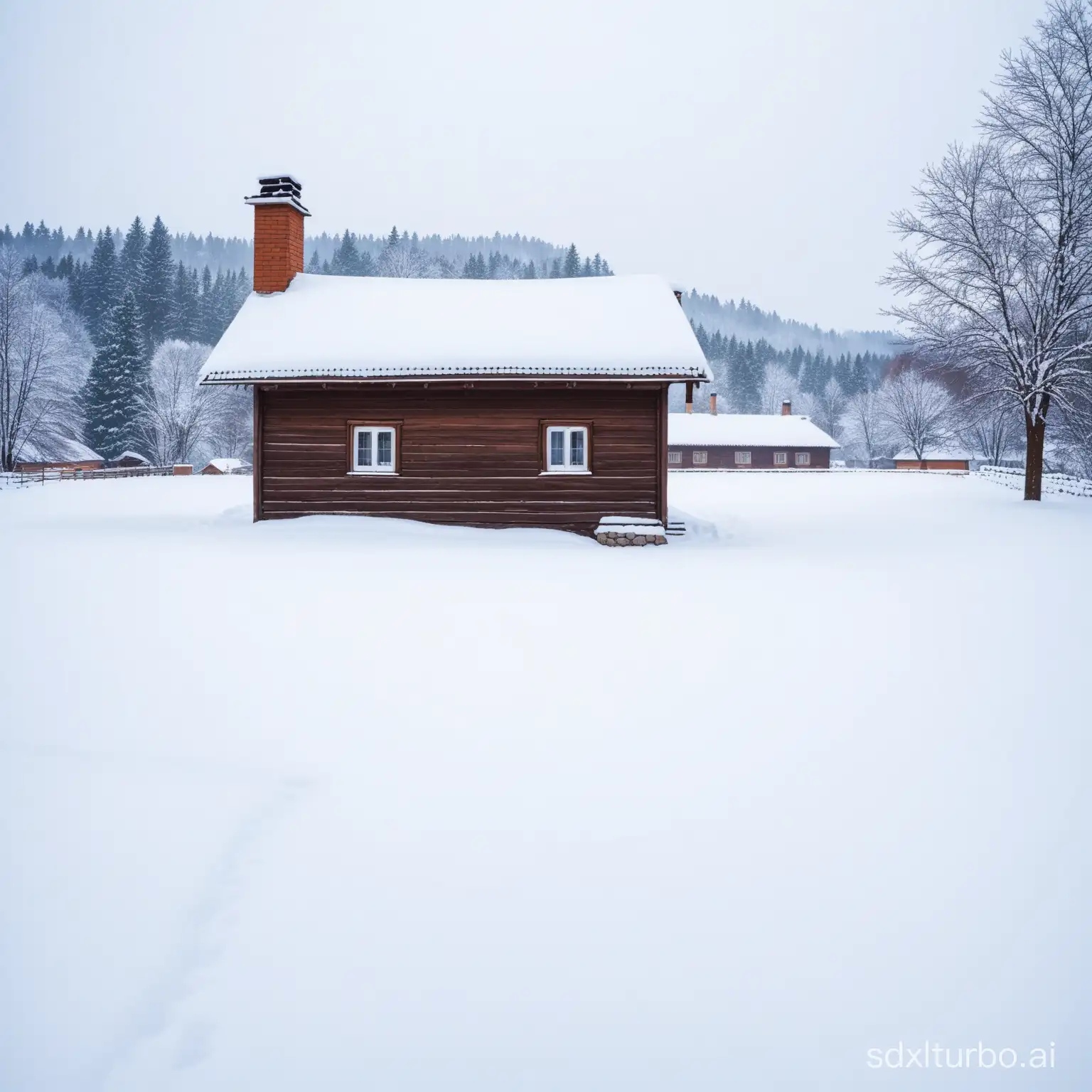 in a small village, thick snow covered on an old house roof, ground, front yard, the house with chimney