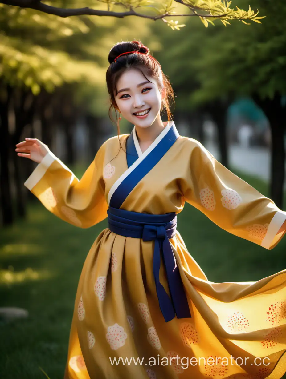 Joyful-Korean-Girl-in-Vibrant-Hanbok-Spinning-Amidst-Nature