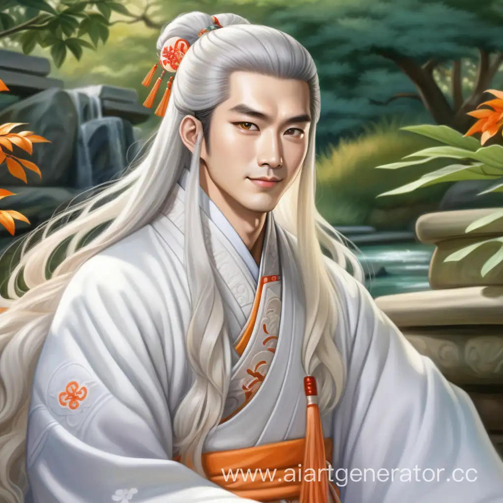 Взрослый мужчина азиат с бледной кожей, с низу глаз проведена оранжевая подводка, подчеркивающая азитский разрез глаз. Волосы белые длинные волнистые пушные убраны назад (без челки). Черты лица очень миловидные, а на лице улыбка.Мужчина сидит в белом ханьфу (китайский народный костюм) в ботаническом саду