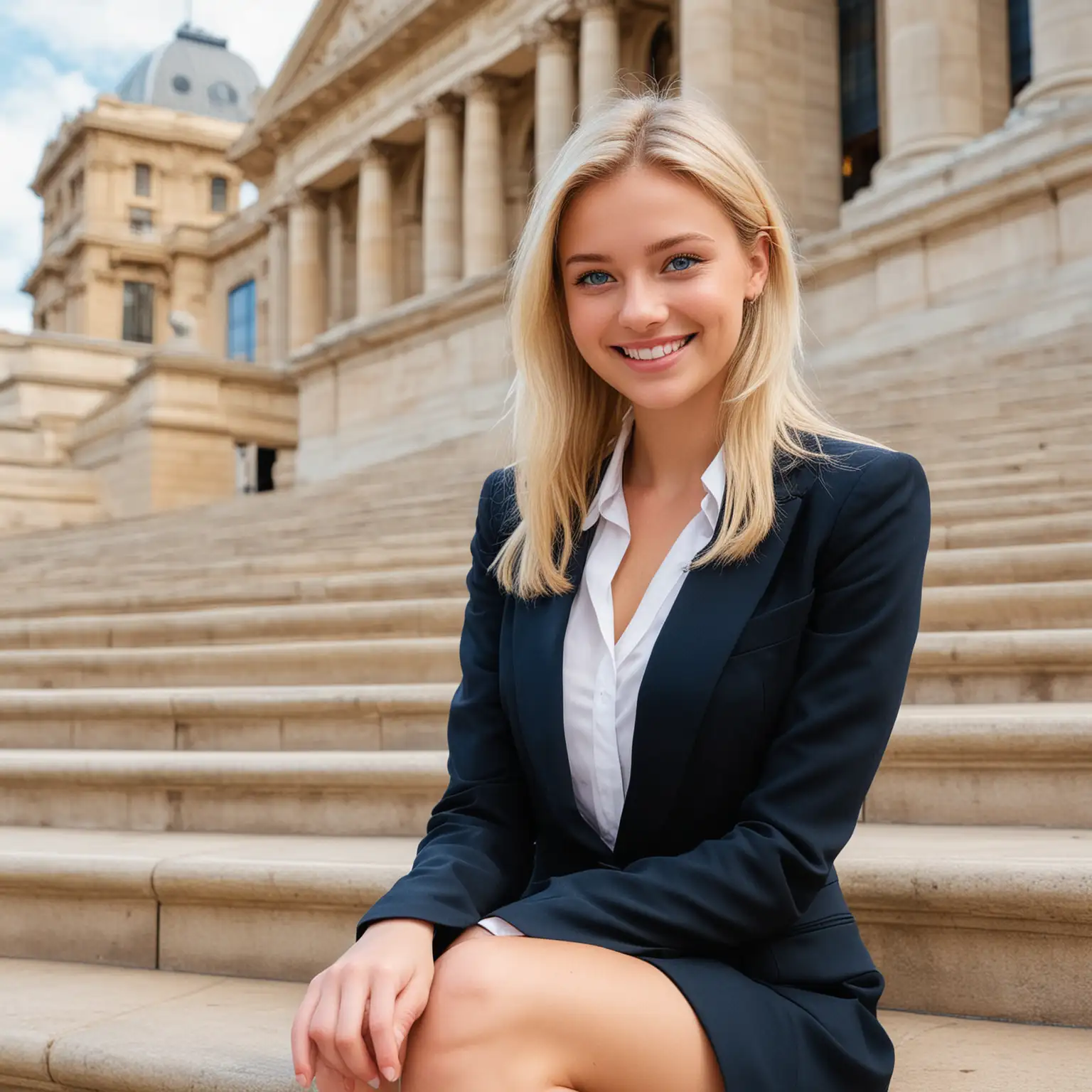 A 20-year-old girl in office attire with blonde hair, blue eyes, a smile that flawless and the body of a supermodel sitting on the steps in front of the opera house in Sydney