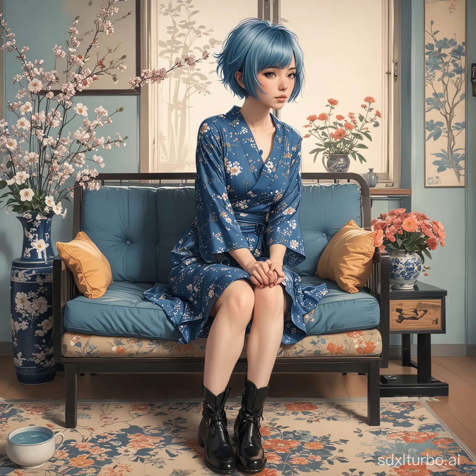 A 2d drawing of a woman  with a short blue bobhair in a Japanese livingroom,sat on a sofa holding a cup of coffee while adorned in a blue dress and black boots, the room has a low table and vase of flowers, in the style of anime