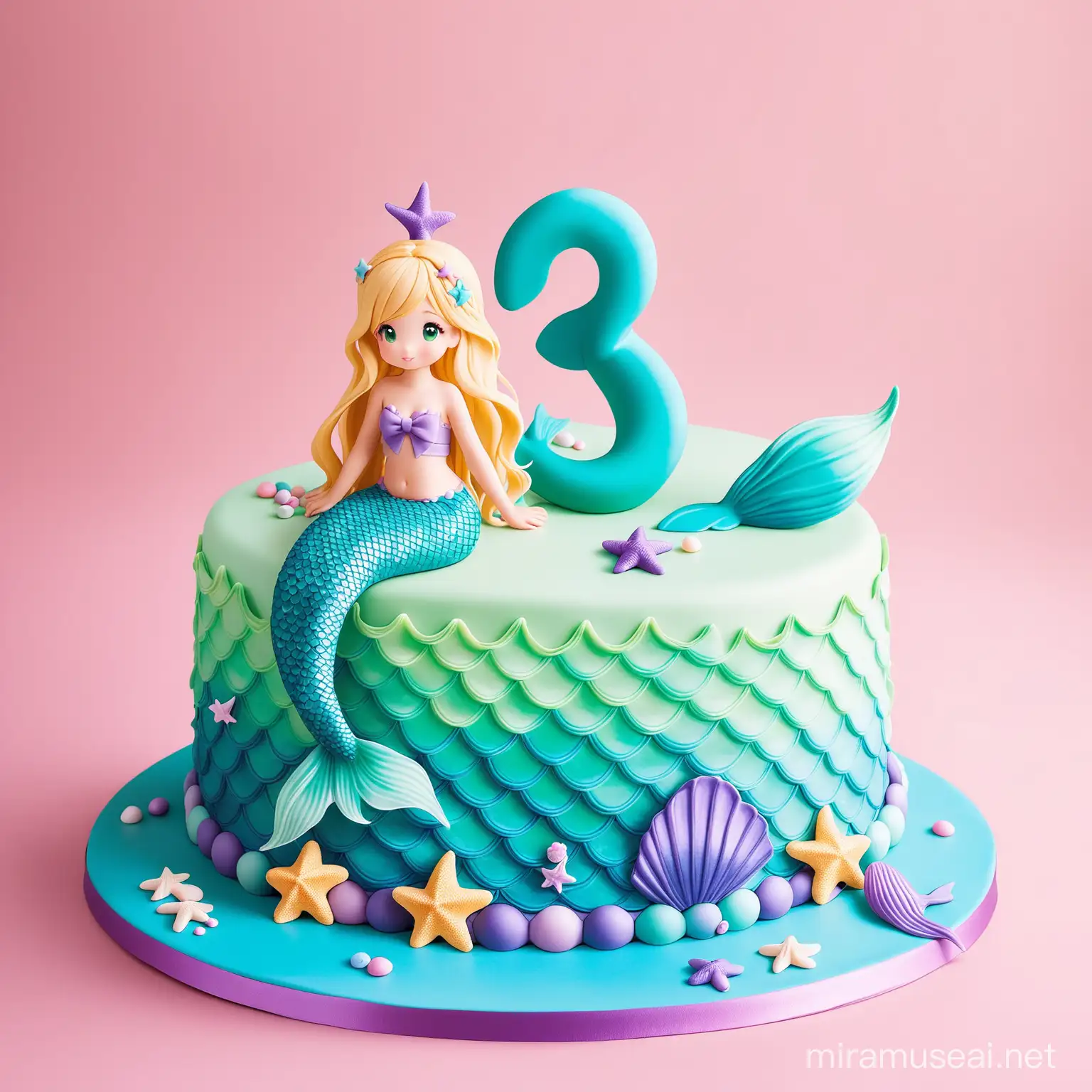 Mermaid Birthday Cake with Blonde Girl and Number 3