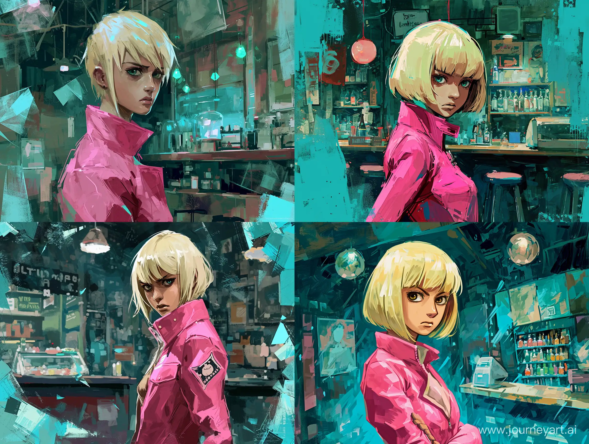 kira yoshikage from jojo bizzare adventure blonde short haircut and pink jacket, modern night shop background drawn with abstract and geometric shapes with cool turquoise colors, very rough and simple oil brush strokes with realistic light, alberto mielgo style semi-stylized style, rich realistic colors --v 6