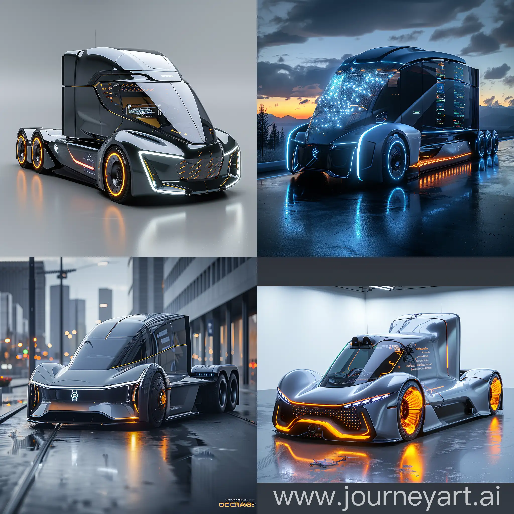 Futuristic truck, Autonomous Driving, Electric Powertrain, Advanced Connectivity, Biometric Security, Augmented Reality Windshield, Self-Healing Tires, Cargo Drone Integration, Adaptive Aerodynamics, Holographic Dashboard, Energy-Generating Panels, Regenerative Braking, Recycled Materials, Efficient LED Lighting, Low-Rolling Resistance Tires, Aerodynamic Design, Electric HVAC Systems, Plant-Based Interior Materials, Eco-Mode Driving, Telematics Systems, Carbon Offset Programs, Reinforced Cab Structure, Advanced Airbag System, Collision Avoidance System, Roll-Over Protection, Side-Impact Protection, Crash-Resistant Glass, Emergency Brake Assist, Adaptive Cruise Control, Reinforced Bumpers, Emergency Communication System, octane render --stylize 1000