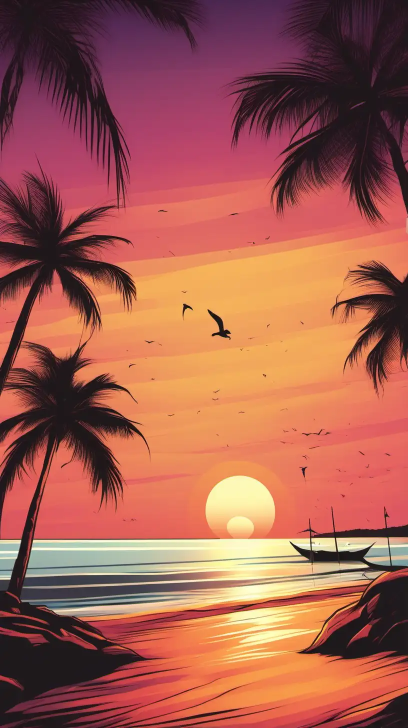 illustration of a calm romantic beach in sri lanka, sunset