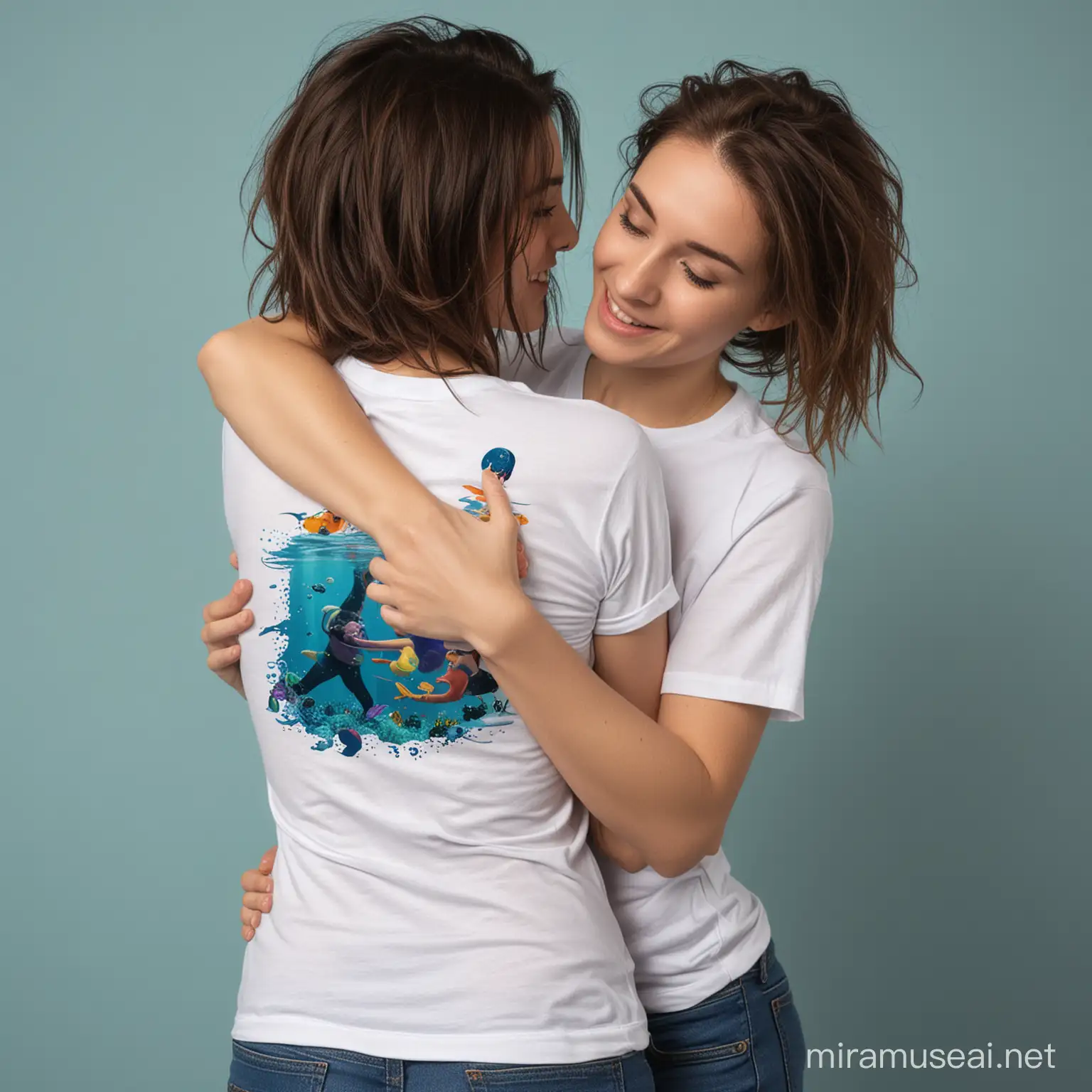 Affectionate Lesbian Couple Embracing Underwater with ShortSleeved Tshirts 21YearOld Woman Giving Back Hug