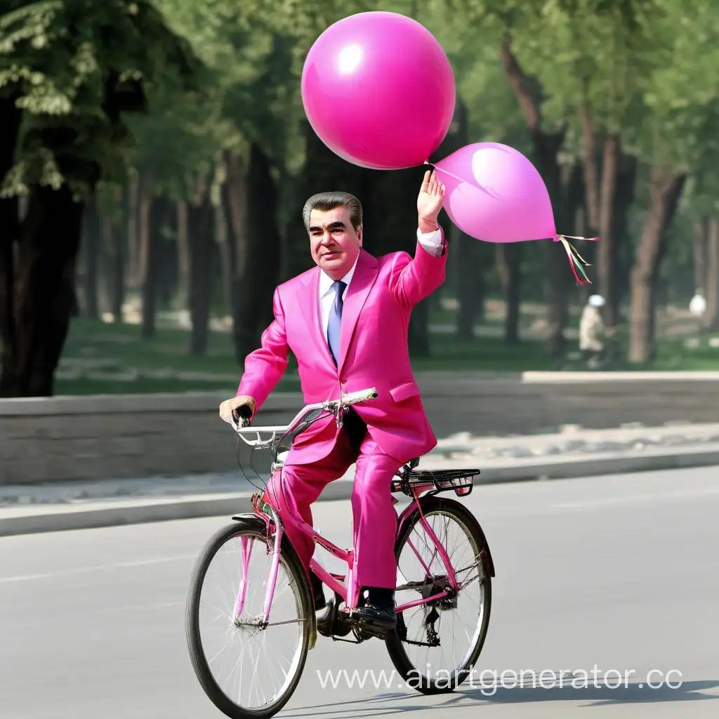 President-Rahmon-of-Tajikistan-in-Pink-Suit-Balancing-on-a-Bicycle-with-Pink-Balloon