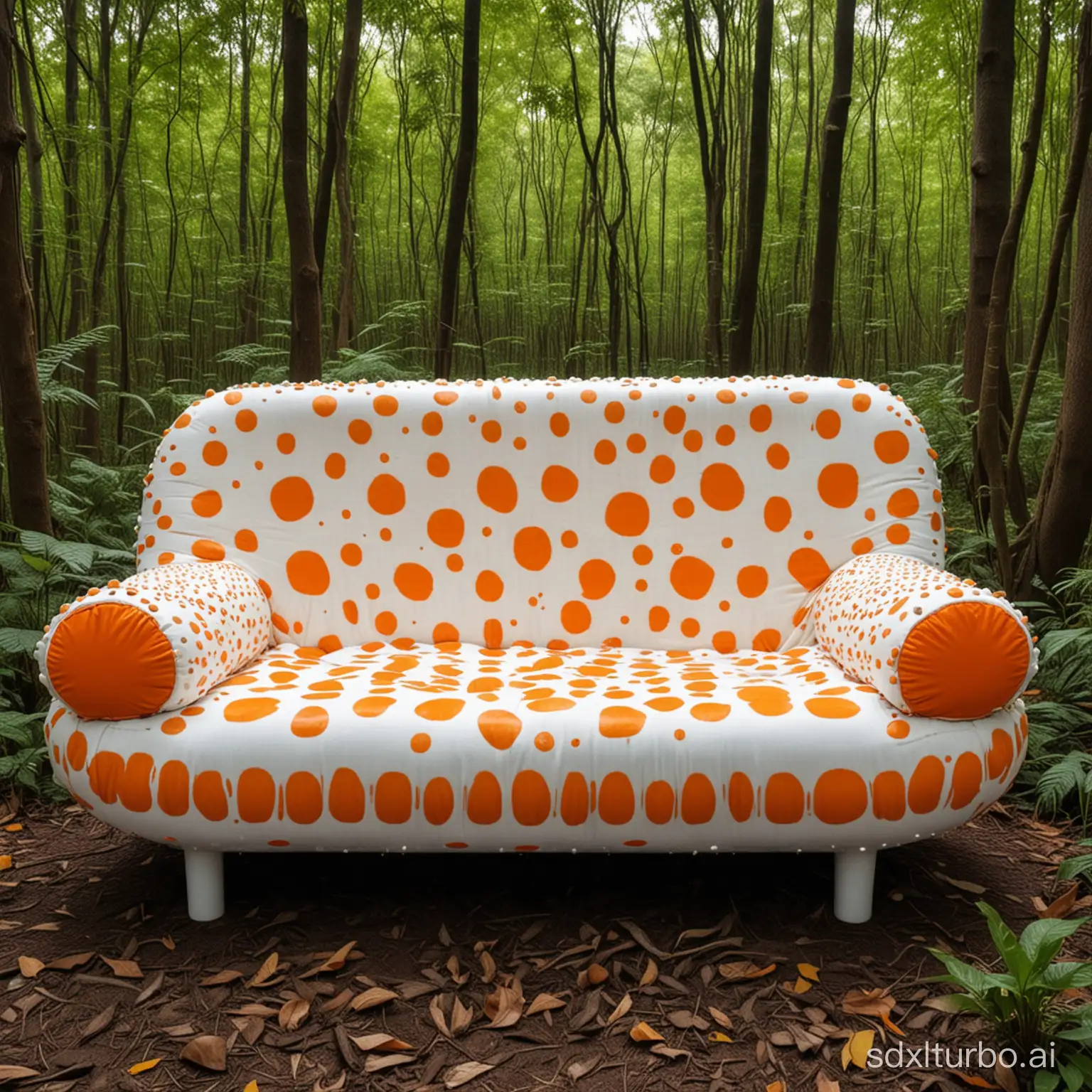 a Yayoi Kusama style sofa, with orange and white color, in amazon forest