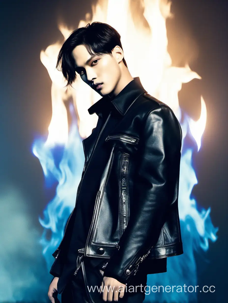 Ким Чонин певец из группы EXO, Церковь, в кожаной куртке, чёрные волосы, Kim Jongin, священник, коловратка, портрет до пояса, синие пламя.