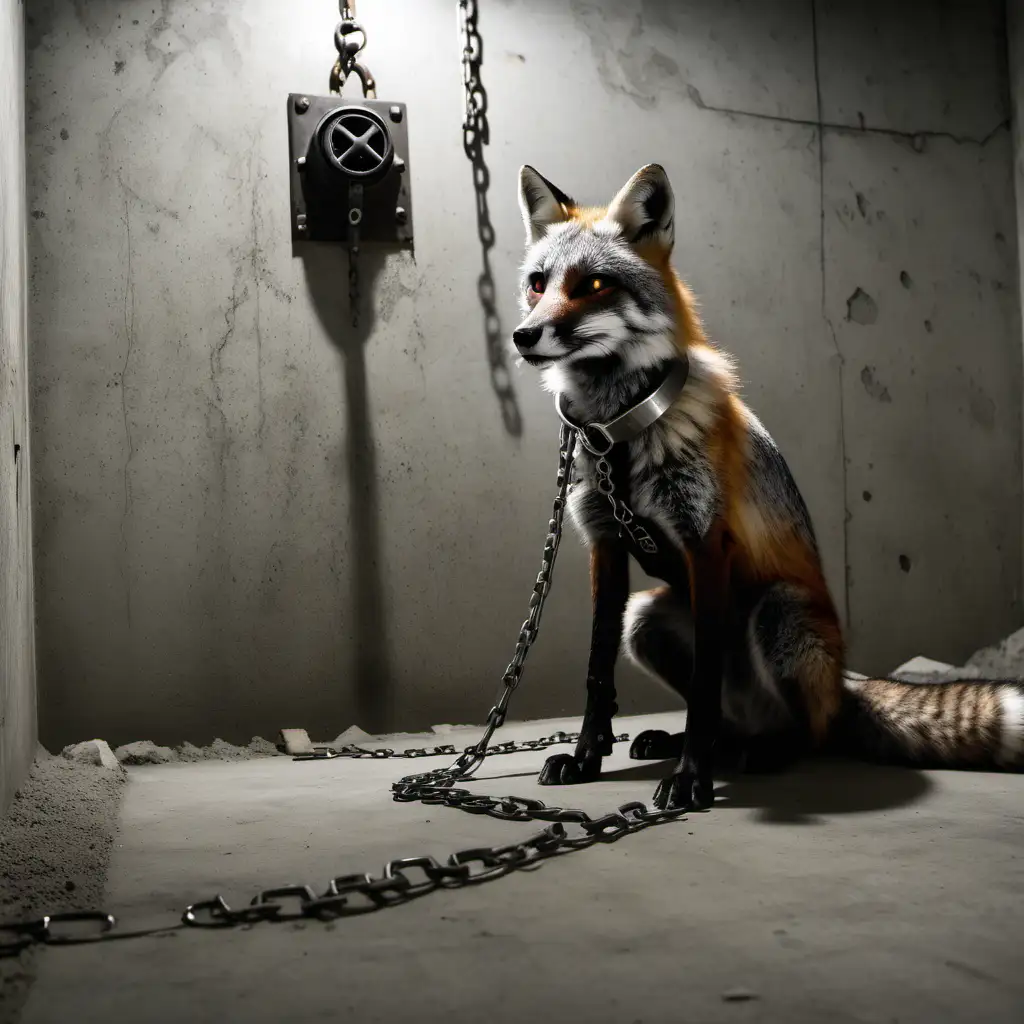 Grey and Silver Fox Chained in Cement Basement with Gas Mask