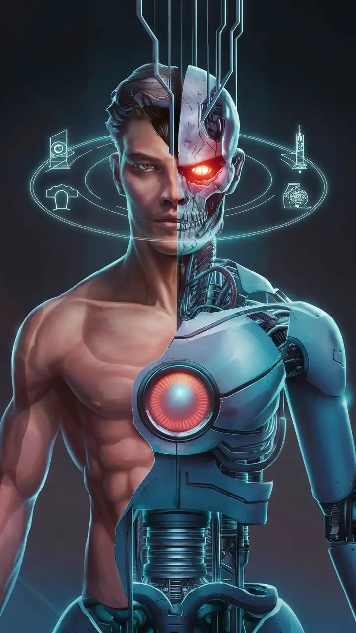 A digital painting of a humanoid robot that is a fusion of human and machine. The upper body is that of a fit male with defined muscles, while the lower body transitions into advanced robotics. The head is split vertically, one half human with sharp, angular features, and the other half an exposed robotic skull with a glowing red eye and intricate circuits. The torso also transitions from human flesh to mechanical components, with a prominent, circular power core glowing brightly at the center. Futuristic glyphs and symbols orbit around the figure as if it were a part of a sophisticated interface.
