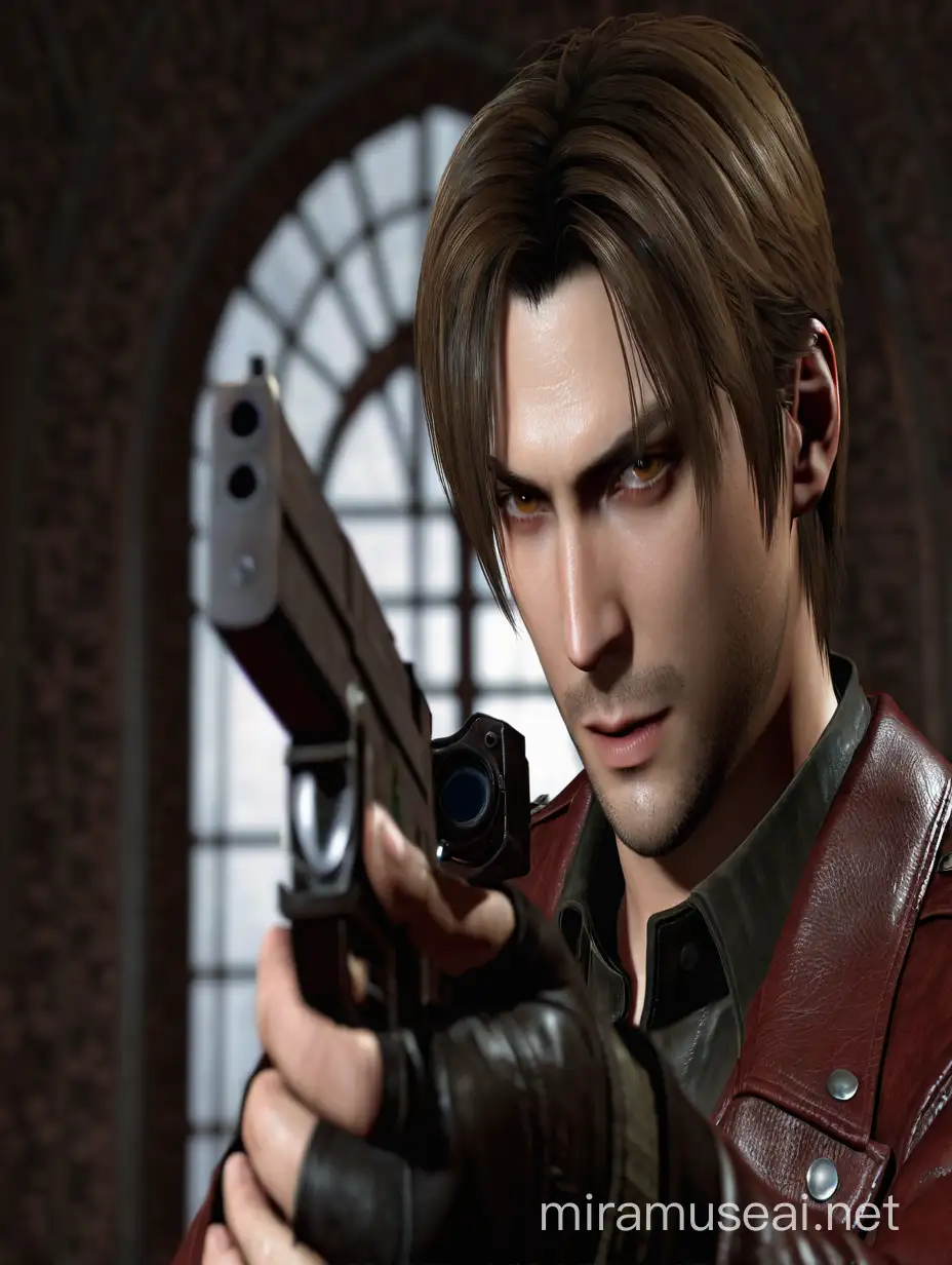 PS2 game, resident evil, silent hill, Leon Kennedy, James sunderland, Dante, game from the 2000s, red leather jacket, brown hair, brown eyes.