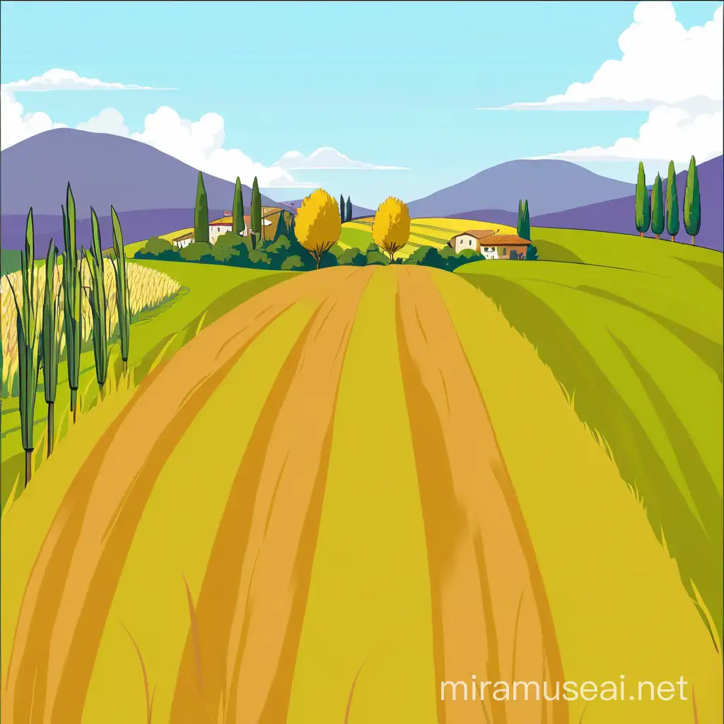 Super Anime, Dimensional Illustration, Tuscan countryside golden wheat field, some wheat and tree detail, using the image supplied as reference