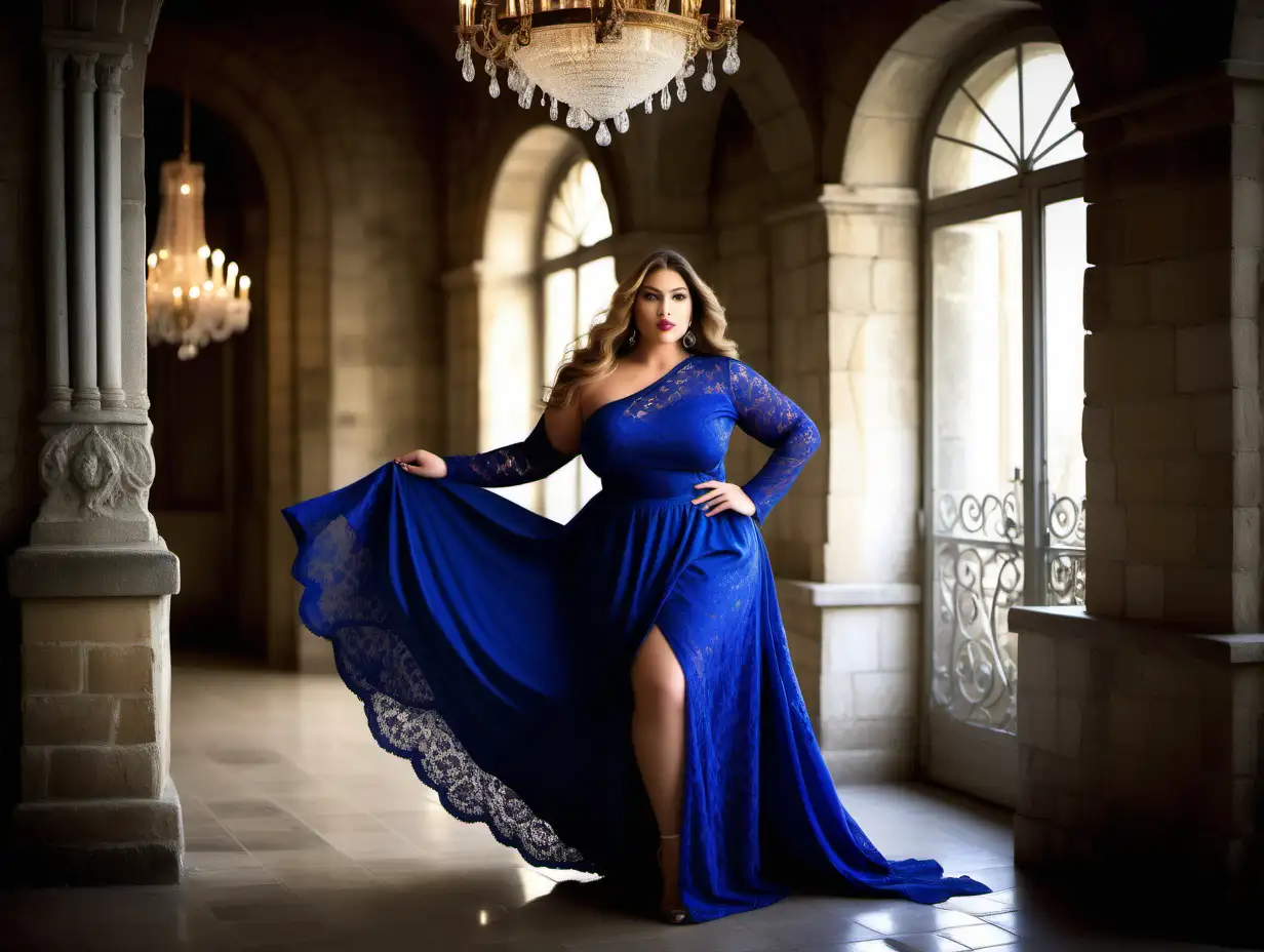 Stunning PlusSize Model in Royal Blue Lace Dress Vogue Style Photoshoot at a Winter Castle