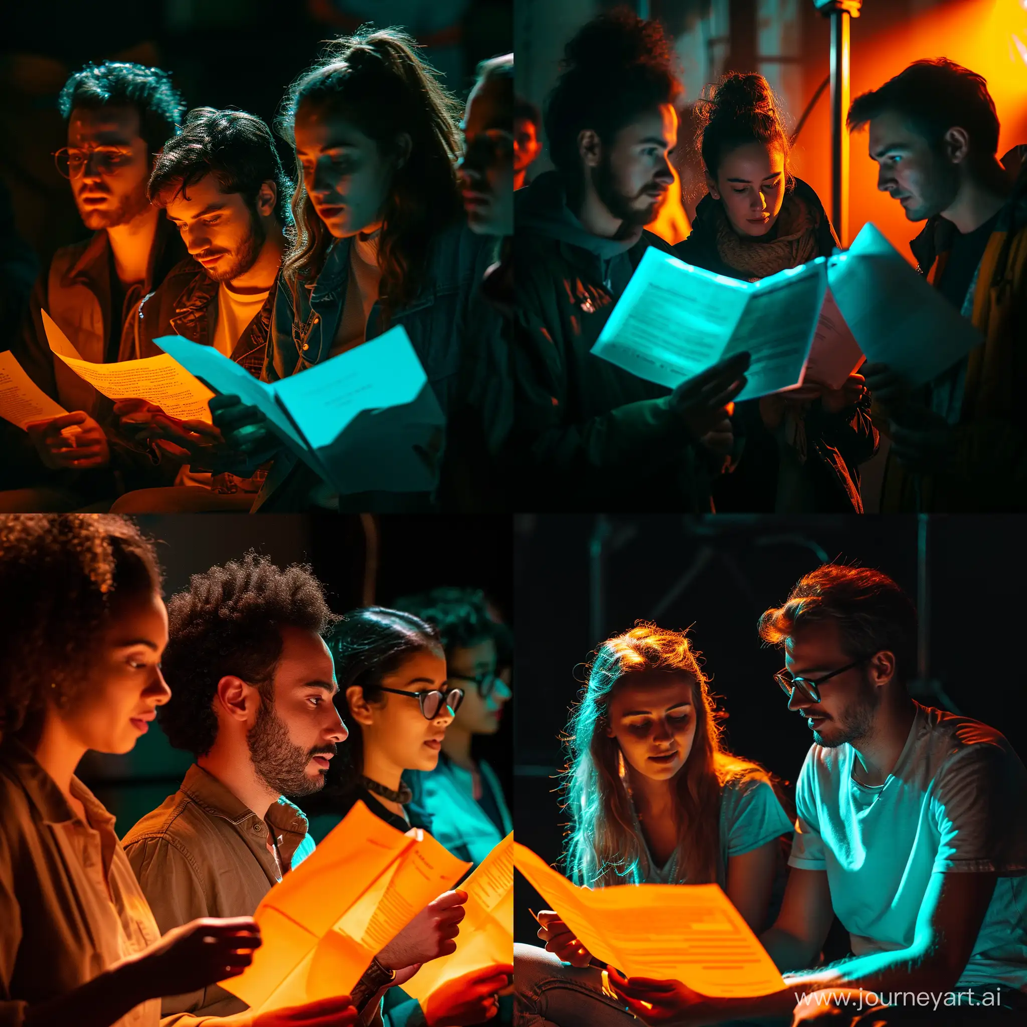 актёры читают сценарий светит свет оранжевый и бирюзовый