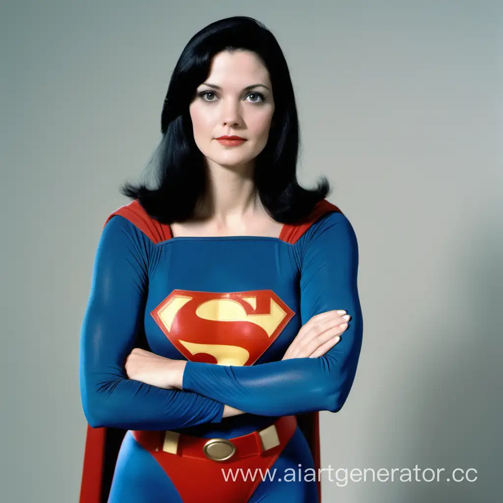 Beautiful White Woman with Straight Black Hair in 1978 Superman Suit with Her Hands Crossed and Standing