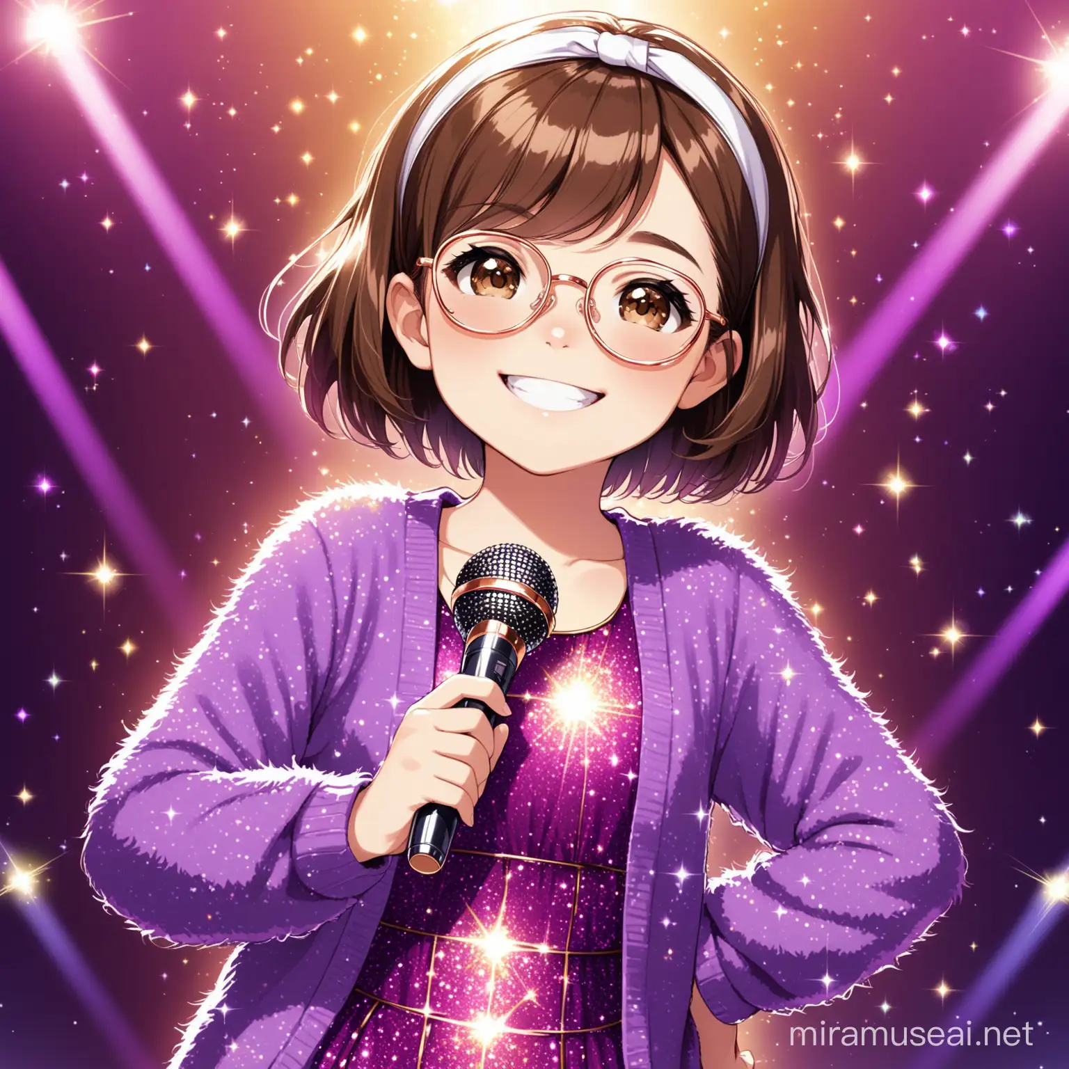 12 year old girl with short brown hair, brown eyes, rose gold glasses, smiling, wearing white head band, wearing a glittery purple knee length dress and furry purple cardigan, holding a sparkly purple microphone