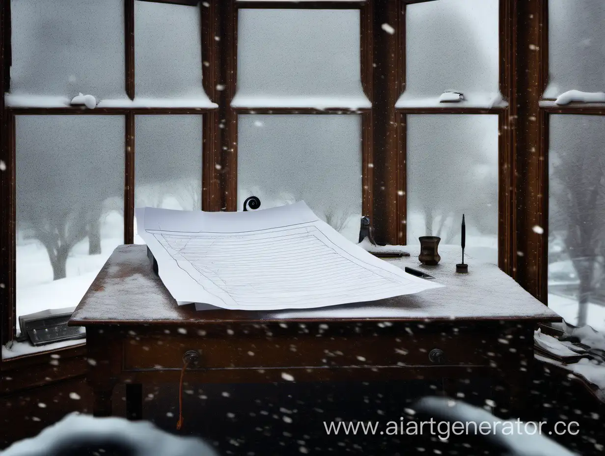 письменный стол, на котором лежит исписанный лист бумаги и ручка на заднем фоне окно, в котором снежная метель