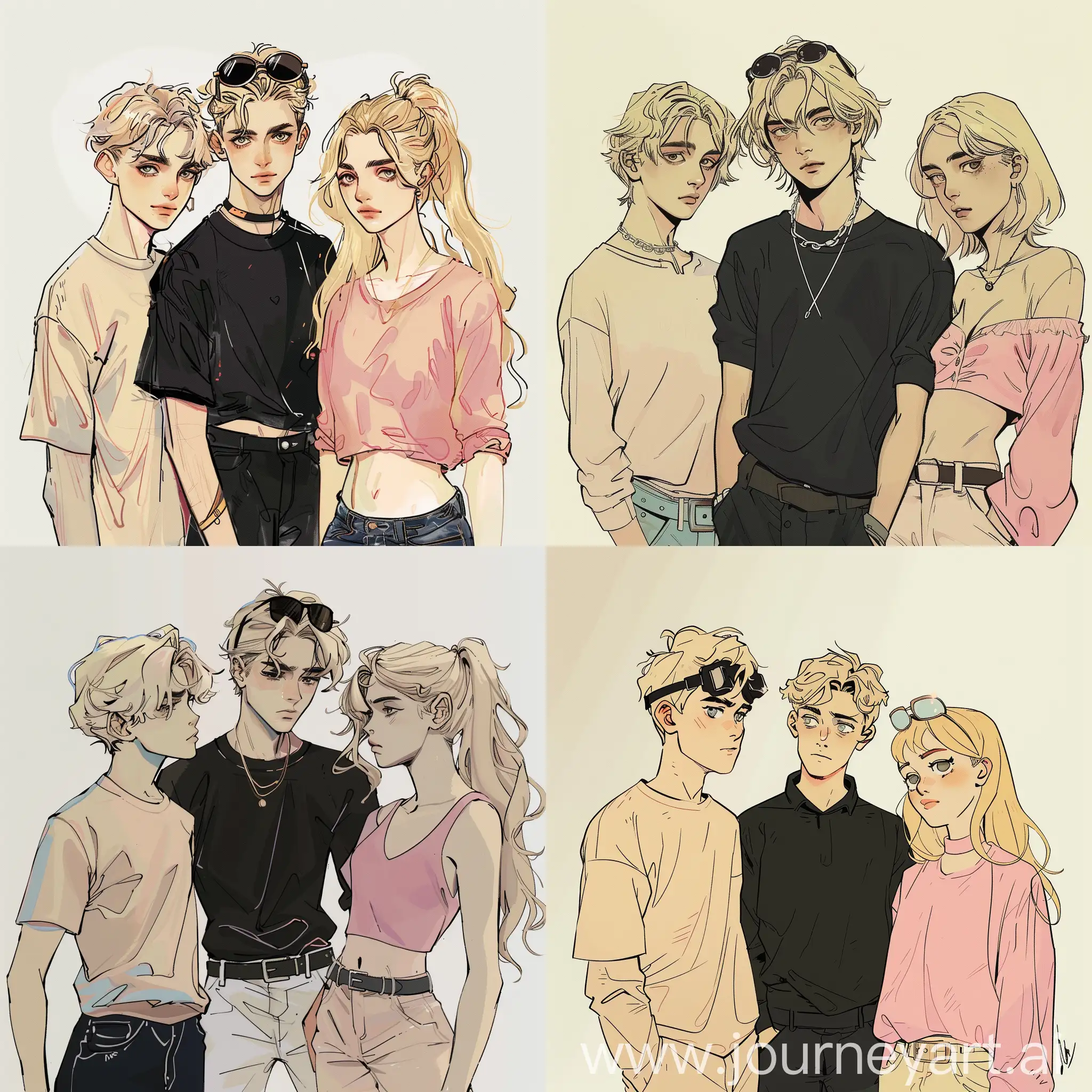 Blonde-Teen-Trio-in-Animated-Sketch-Stylish-Outfits-and-Dynamic-Poses