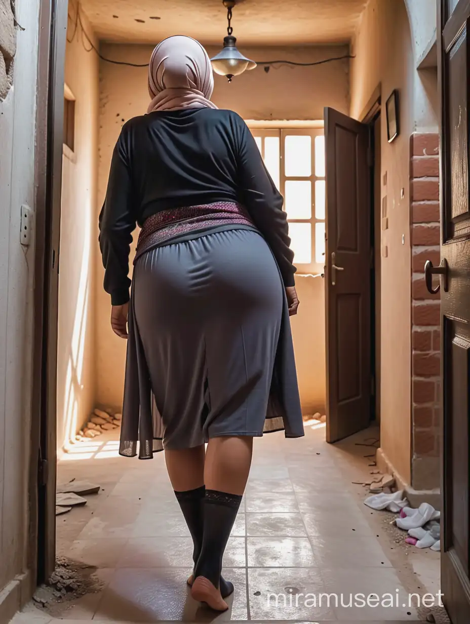 old grandmother, hijab, granny, 87 years old, Full-figured, tight ass, badonkadonk, firm butt, focus on buttocks, skirt up, sheer panties, look back, rear view, stockings on legs, destroyed basement in Gaza Strip, cinematic lighting, high definition, best quality, masterpiece, 8k, HDR