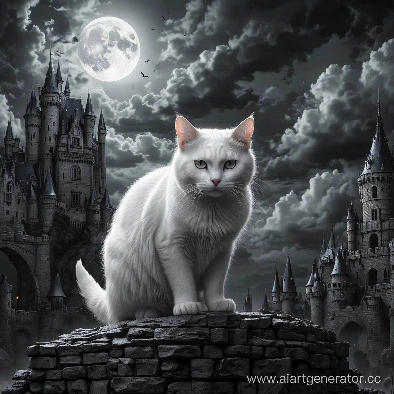 белый кот-демон на фоне замка, все черно-белое очень реалистично, ночь облачная, светит луна.