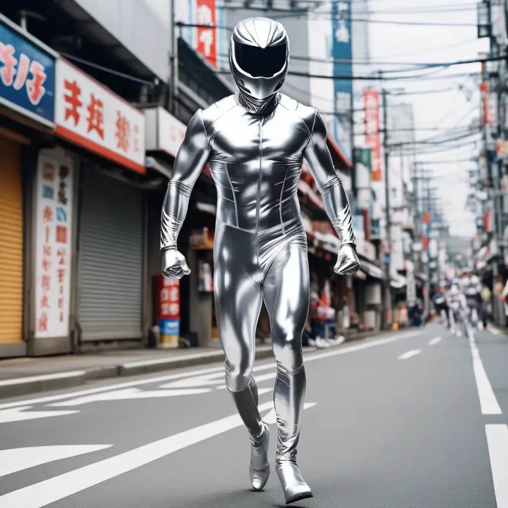 muscular man, full body shiny silver skintight suit, closed sentai helmet with visor, high speed sprinting, shooting silver energy blast, street, Japan, day