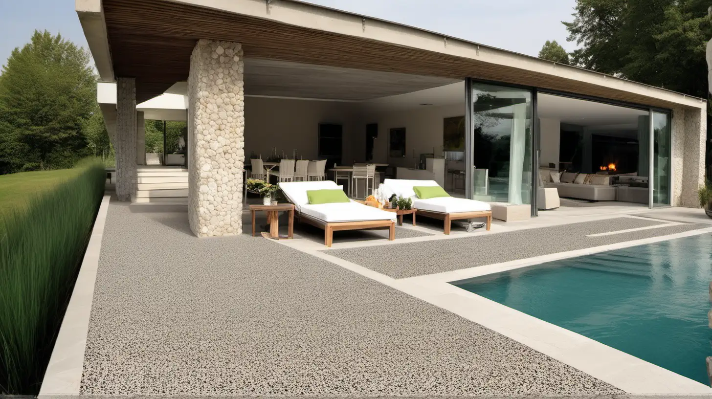 décor terrasse et piscine avec revêtement de sols béton granulat fins moquette de pierre habitat été