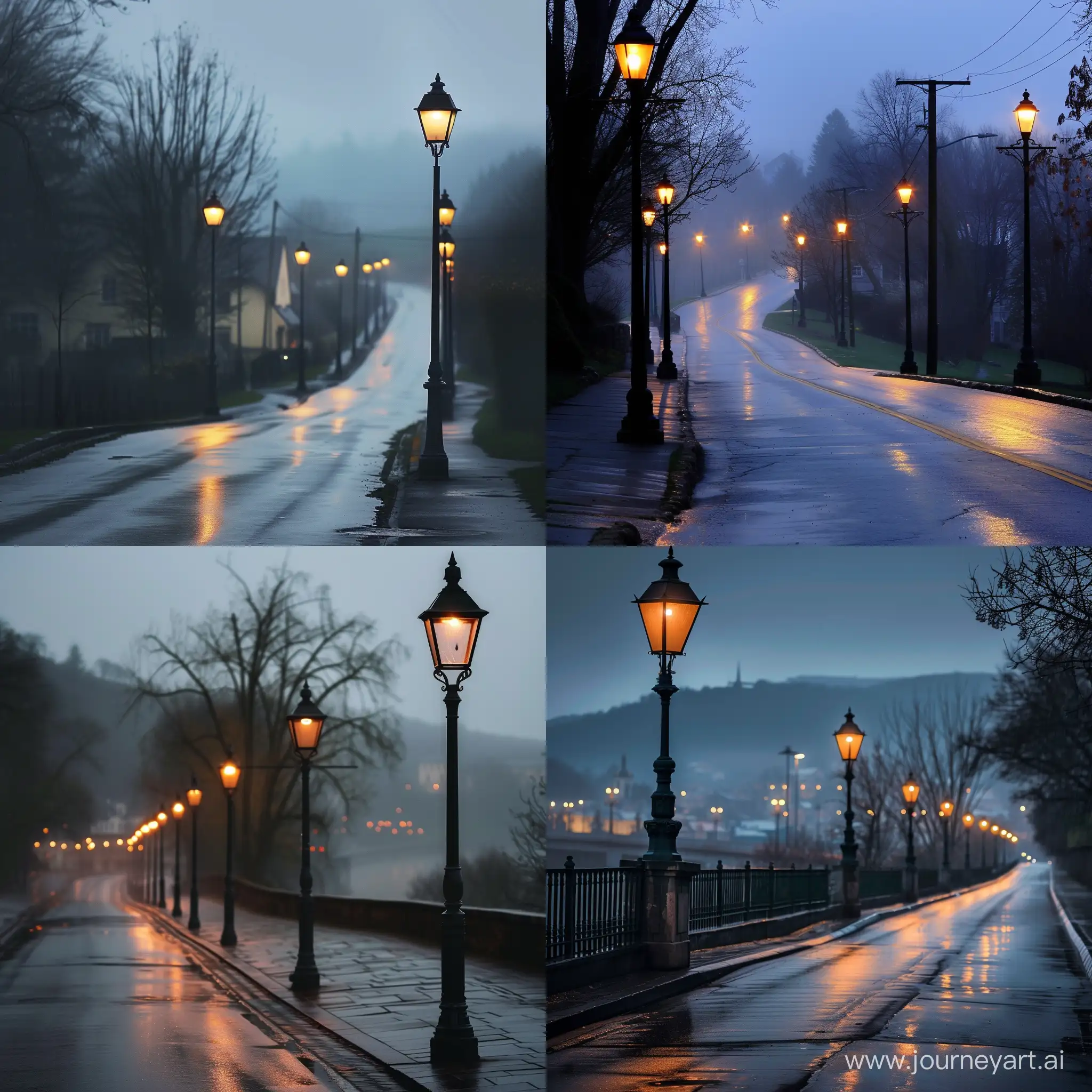 town, early morning, road, rain, street lamps