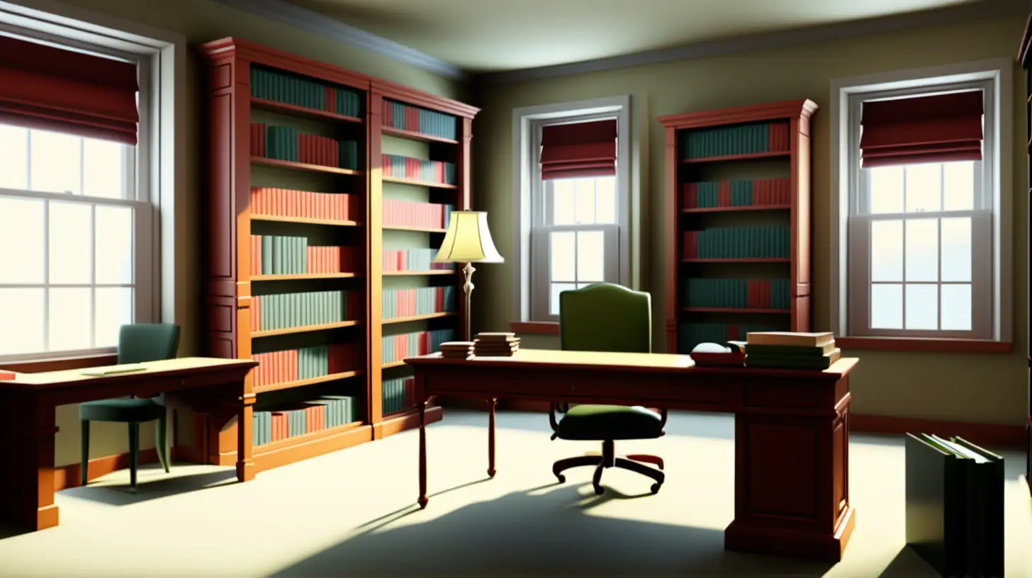oficina de bibliotecologa,libros,lamparas,gran ventanal.perchero para sweter,pequeño escritorio