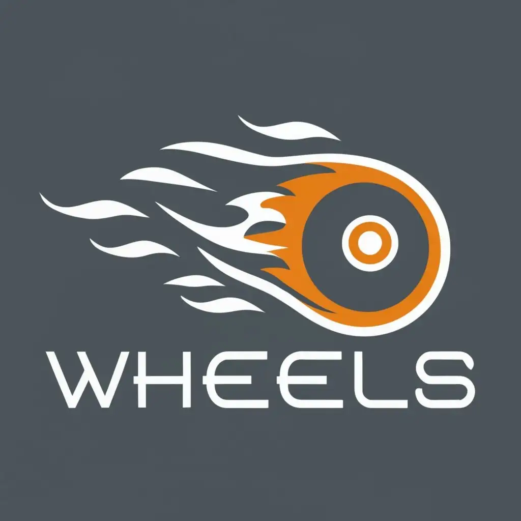 logo, Side profile of a speeding wheelchair with flames coming from the wheels, with the text "Wheels", typography, be used in Entertainment industry