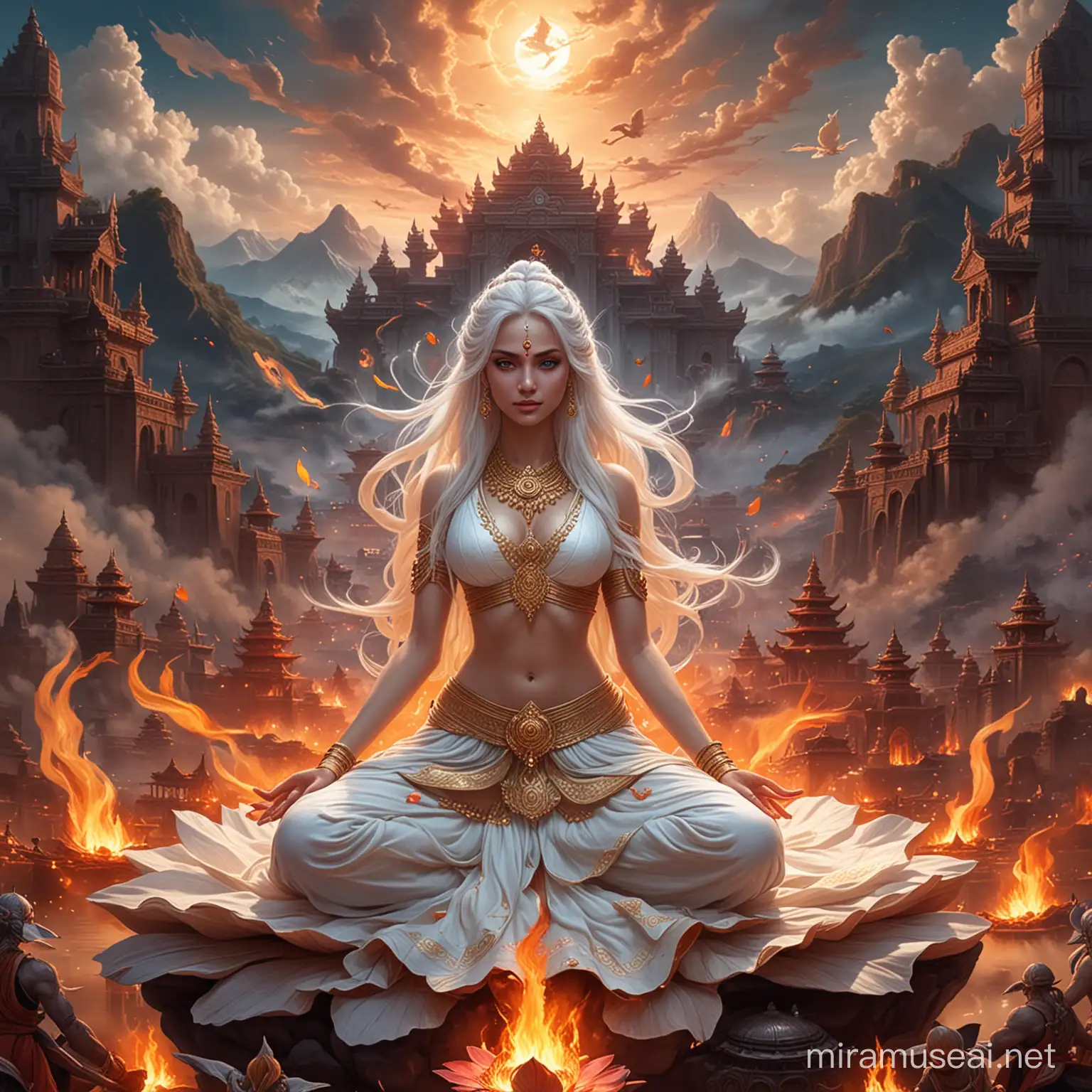 Majestic Hindu Empress in Lotus Position Amidst Fiery Battle