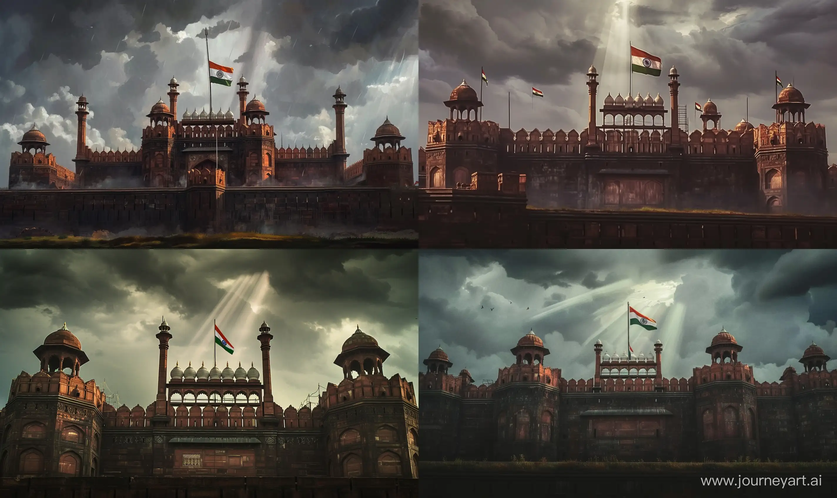 The-Majestic-Red-Fort-of-Delhi-Under-Moody-Skies-with-Indian-Flag