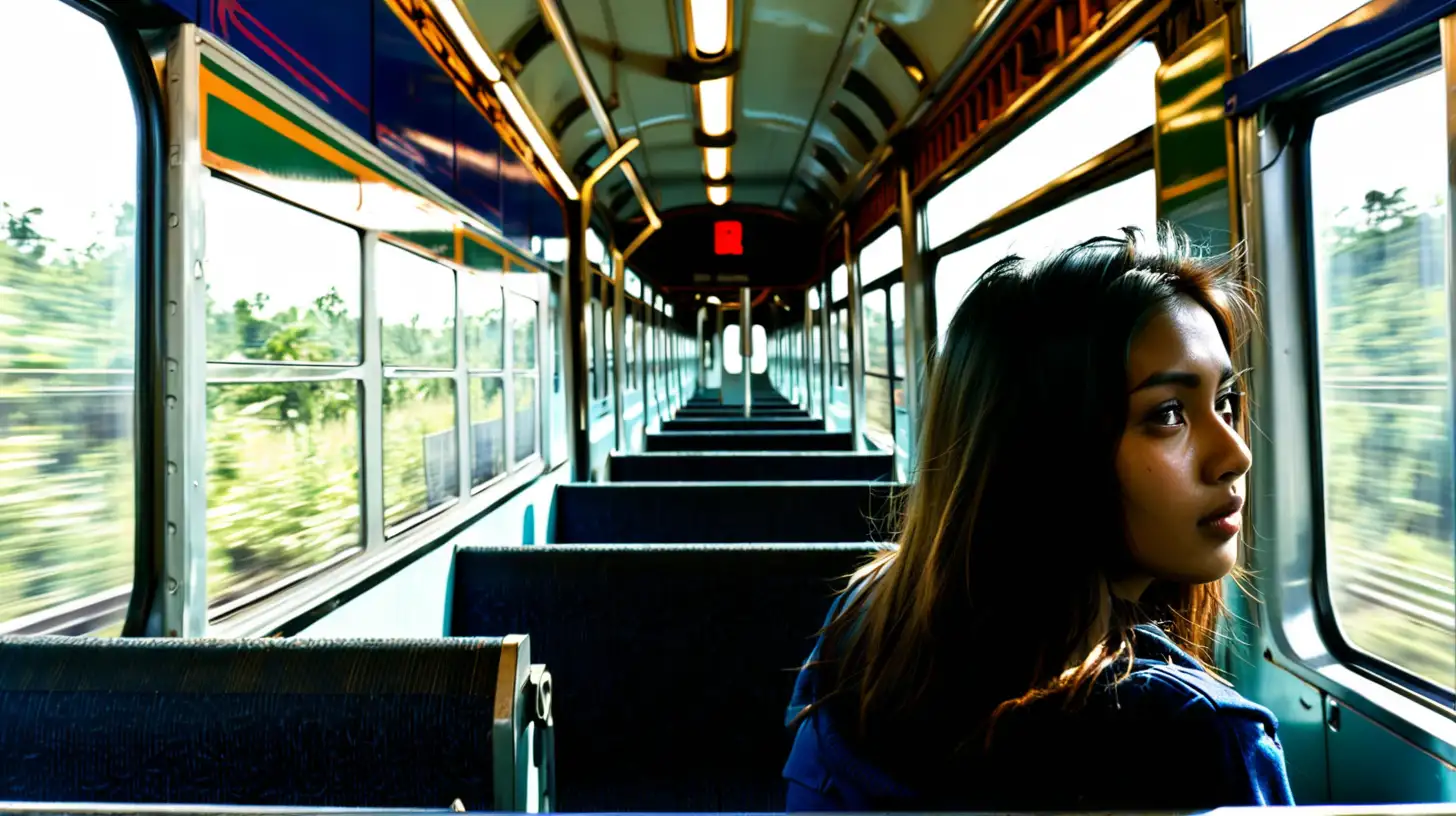 inside a train, view from front, wowan sitting on side, watching 