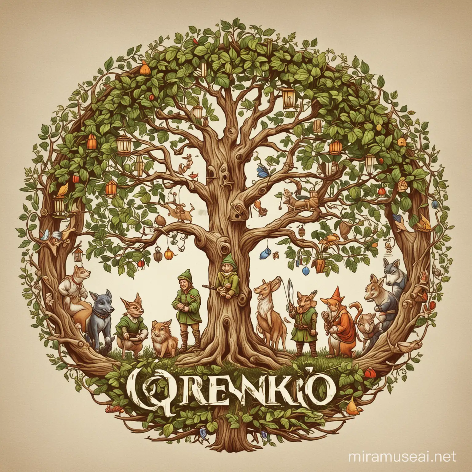 qRenko logo,middle age,tree,animals,elf