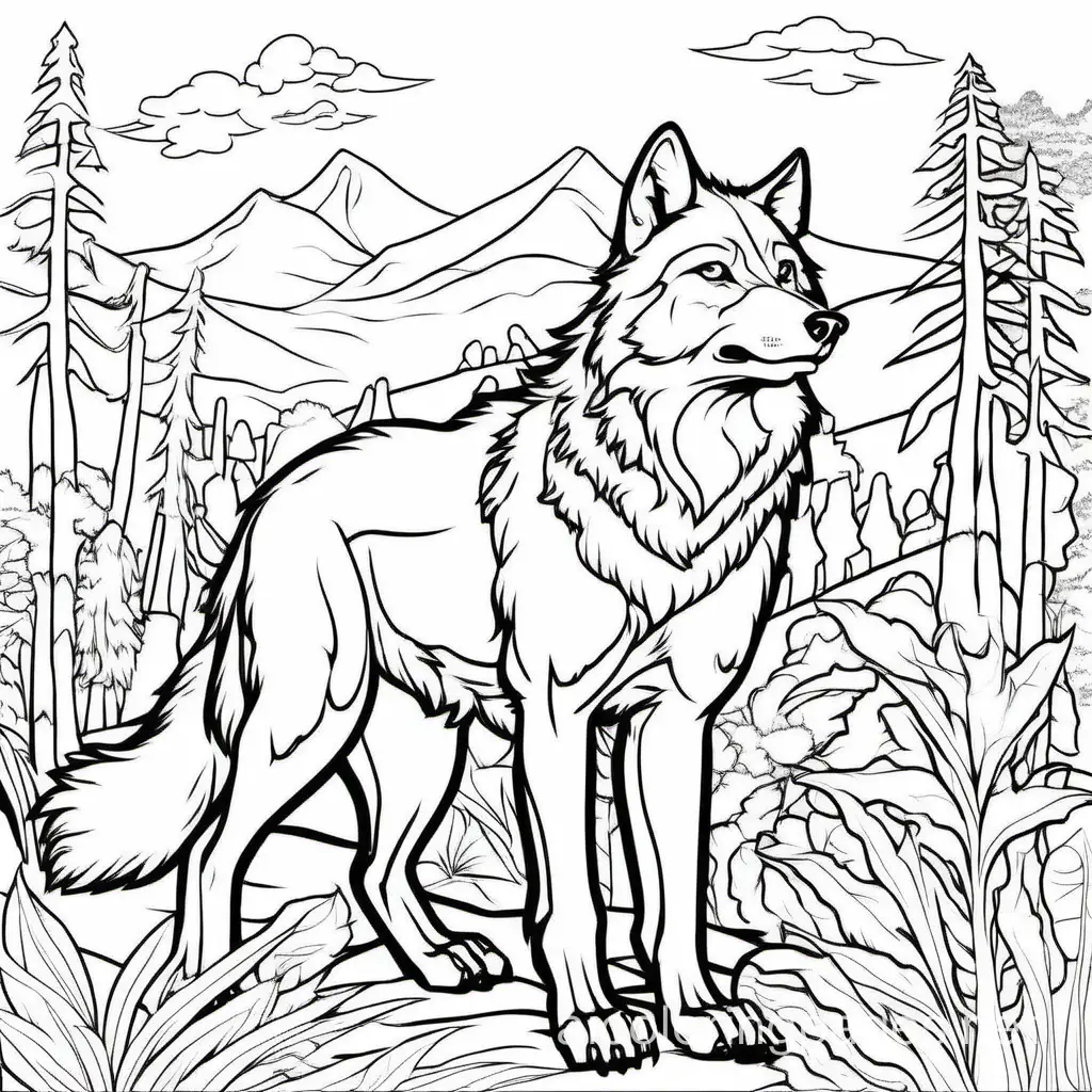 10 wolf and animals in action, coloring book page, clear thick outlines, savanna background, –no complex patterns, shading, color, sketch, color, Coloring Page, black and white, line art, white background, Simplicity, Ample White Space. The background of the coloring page is plain white to make it easy for young children to color within the lines. The outlines of all the subjects are easy to distinguish, making it simple for kids to color without too much difficulty